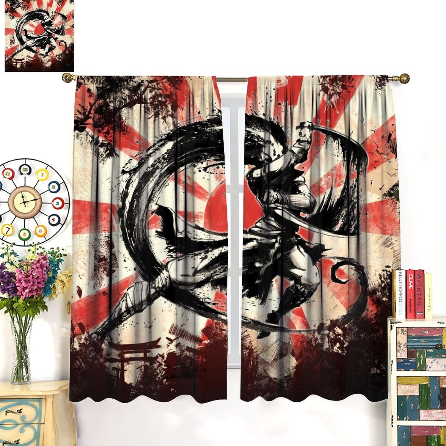 Cortinas japonesas de anime con pintura de tinta, Samurái, decoración de habitación, cortinas de ventana rojas, negras y blancas, cortinas para