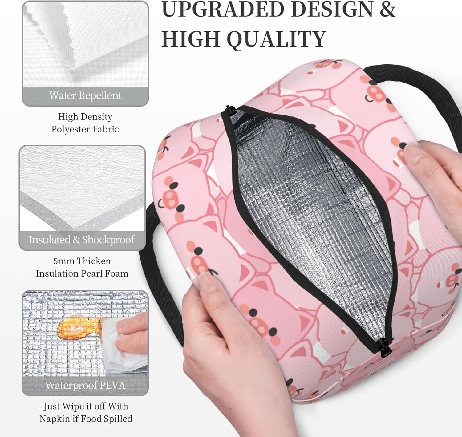 Linda bolsa de almuerzo de cerdo rosa con dibujos animados, caja de comida preparada con aislamiento, contenedor de almuerzo reutilizable