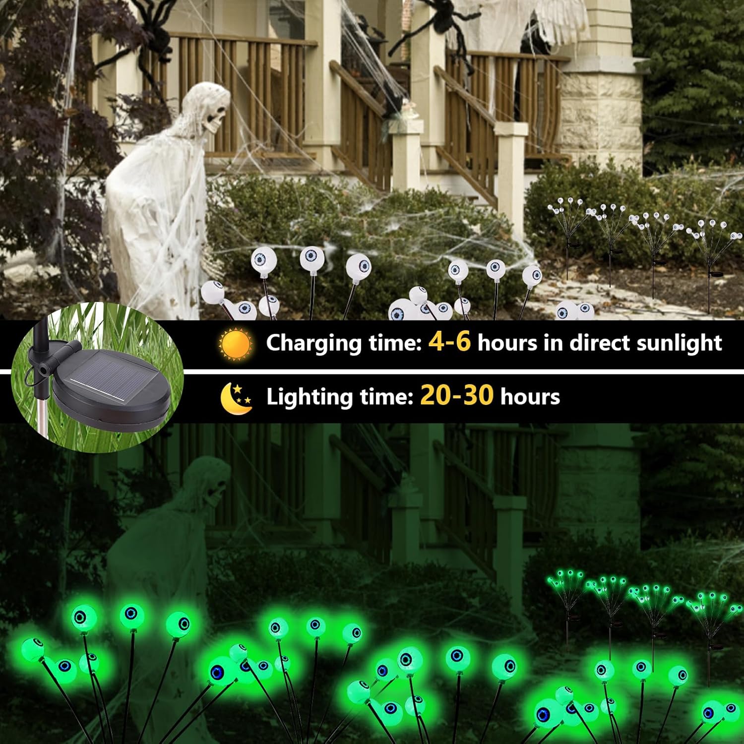 2 luces solares de Halloween para exteriores, luces solares de miedo, verde, morado, rojo, amarillo, luciérnaga, 681012 LED, impermeables, luces