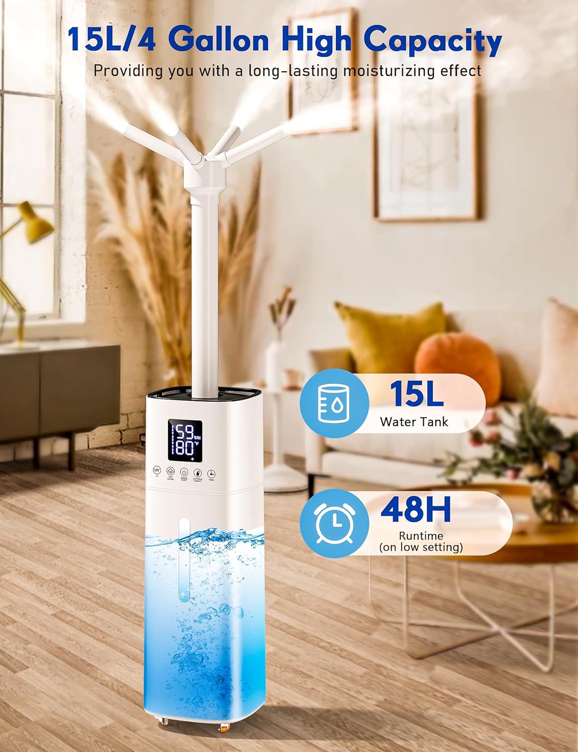 Humidificadores para dormitorio, humidificador de casa completa de 15 litros para 2000 pies cuadrados, humidificador de niebla fría de 20.3 fl ozh