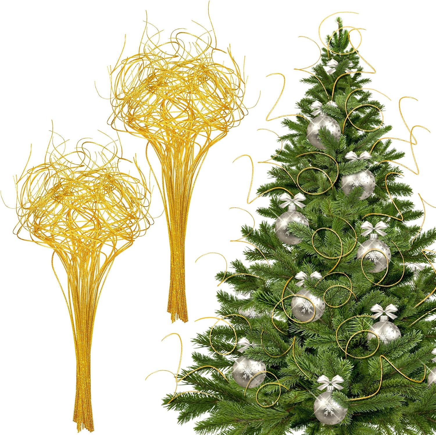 Syhood Jarrón de ramas rizadas de Navidad con 60 tallos de Navidad, con purpurina, para decoración de Navidad, boda, vacaciones y hogar (dorado)