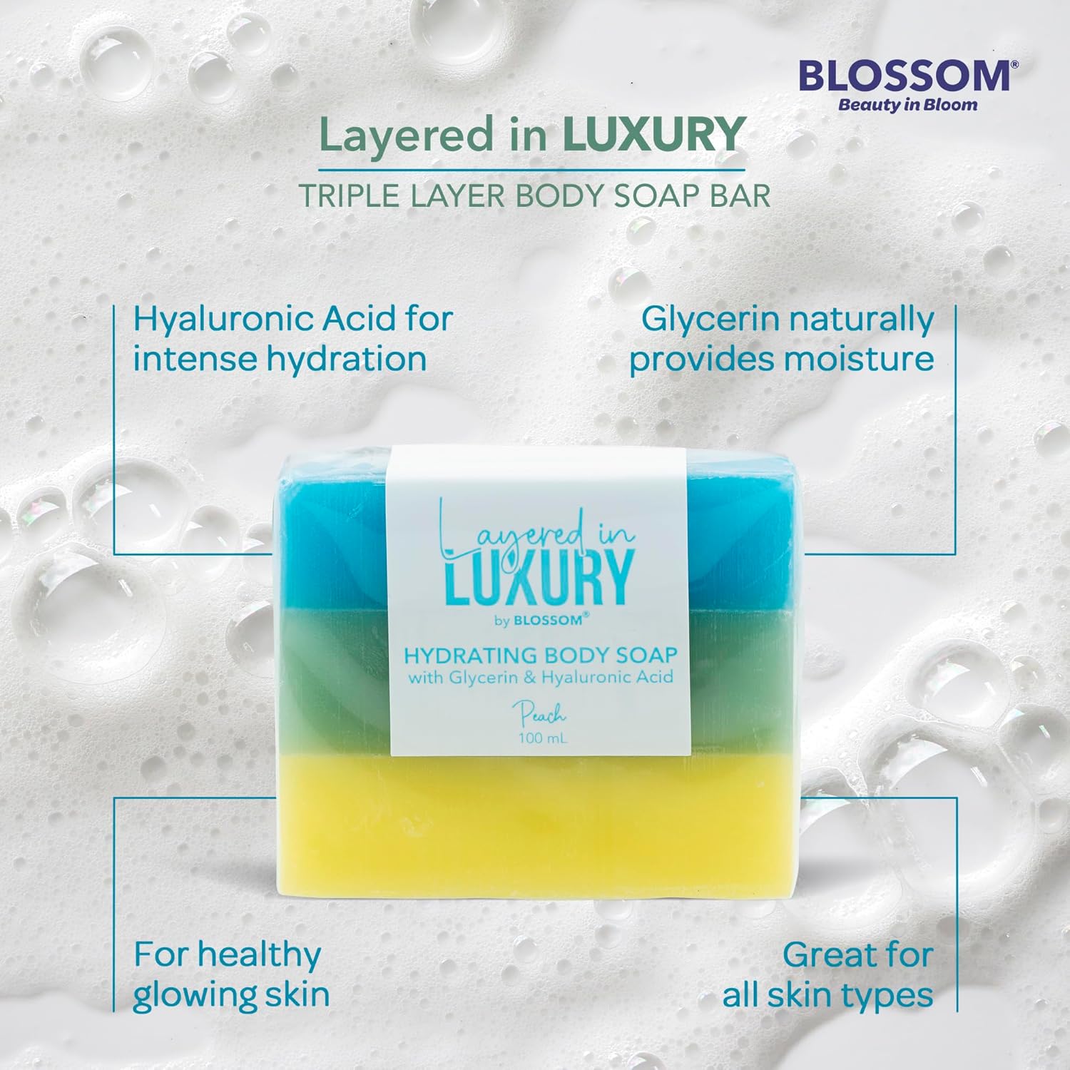 Blossom En capas de lujo de triple capa hidratante + jabón corporal hidratante para mujeres + hombres con glicerina y ácido hialurónico, libre de