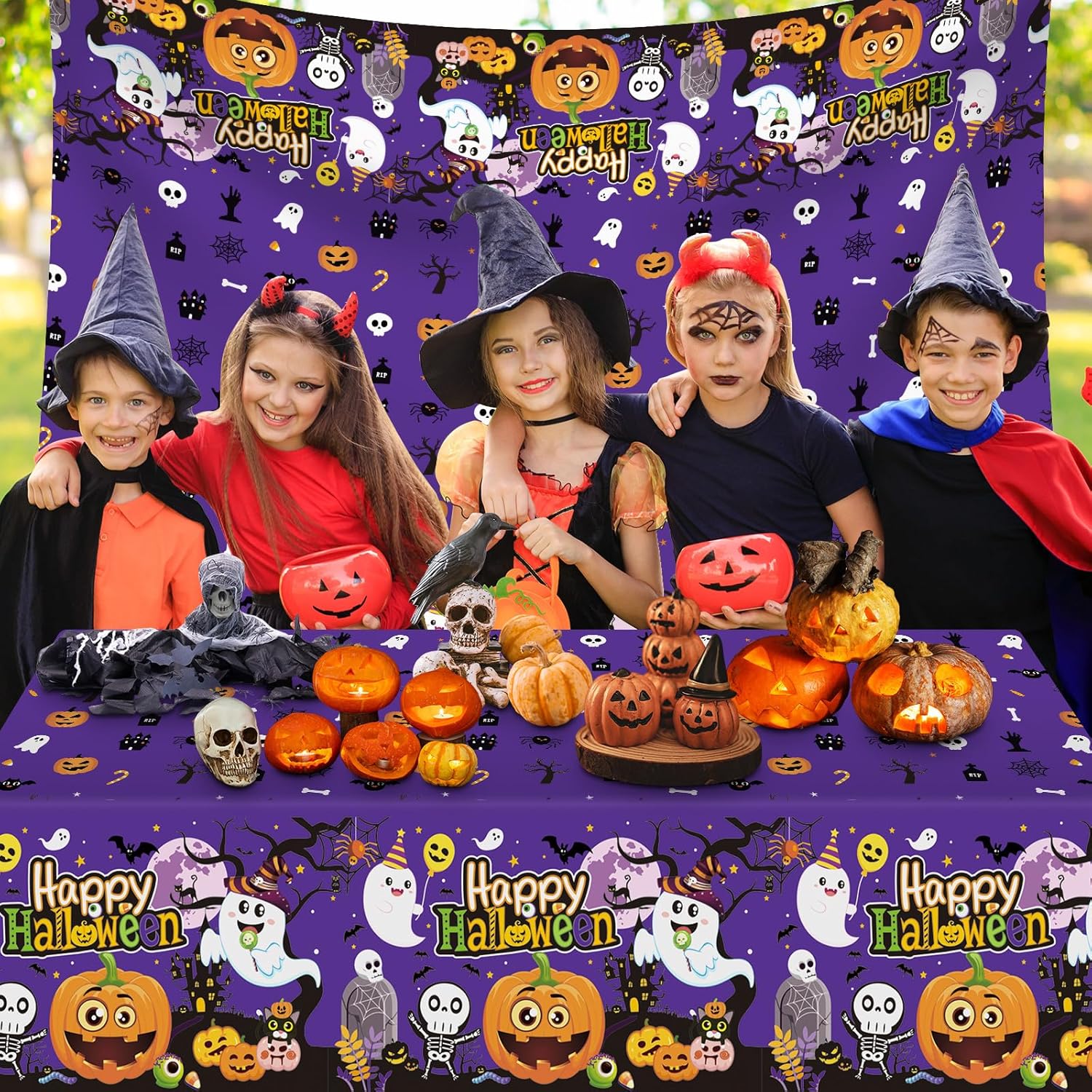 3 manteles de Halloween  Mantel de plástico con diseño de calabaza y fantasma, desechable, rectangular, color morado, para decoración de mesa de
