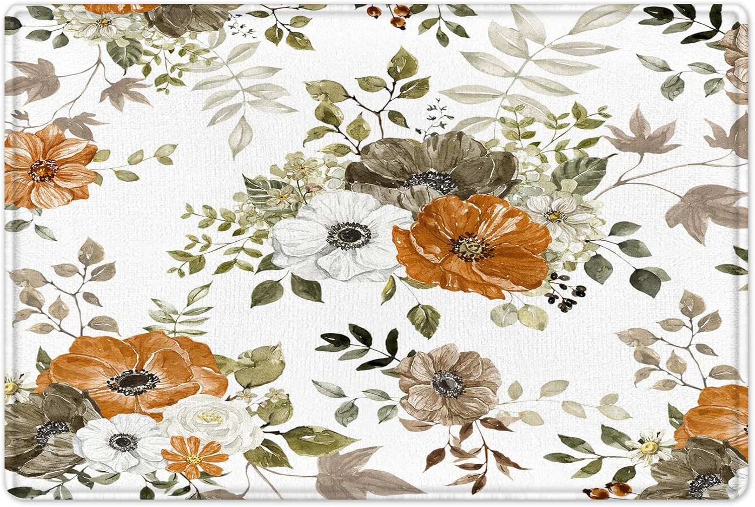 LB Grey and Orange Flower Shower Curtain Sets with Rugs Autumn Country Plant Watercolor Floral on White Fabric Shower Curtain with Hooks Fall