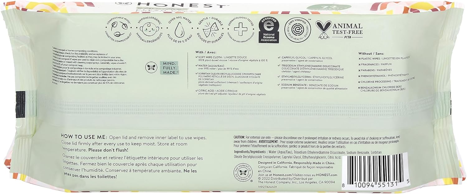 The Honest Company – Toallitas limpiadoras para bebé con 99% de agua, respetuosas con el medioambiente, compostables, a base de plantas,