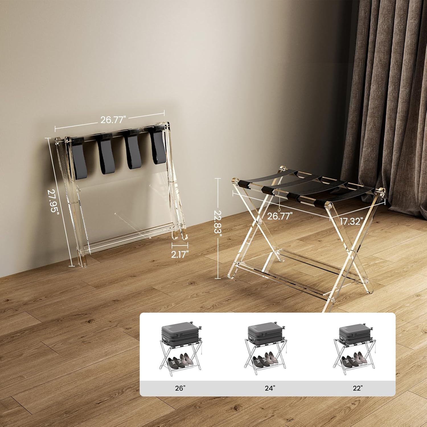 Sumerflos Portaequipajes de acrílico para habitación de invitados, soporte plegable transparente de lujo con estante de almacenamiento acrílico y