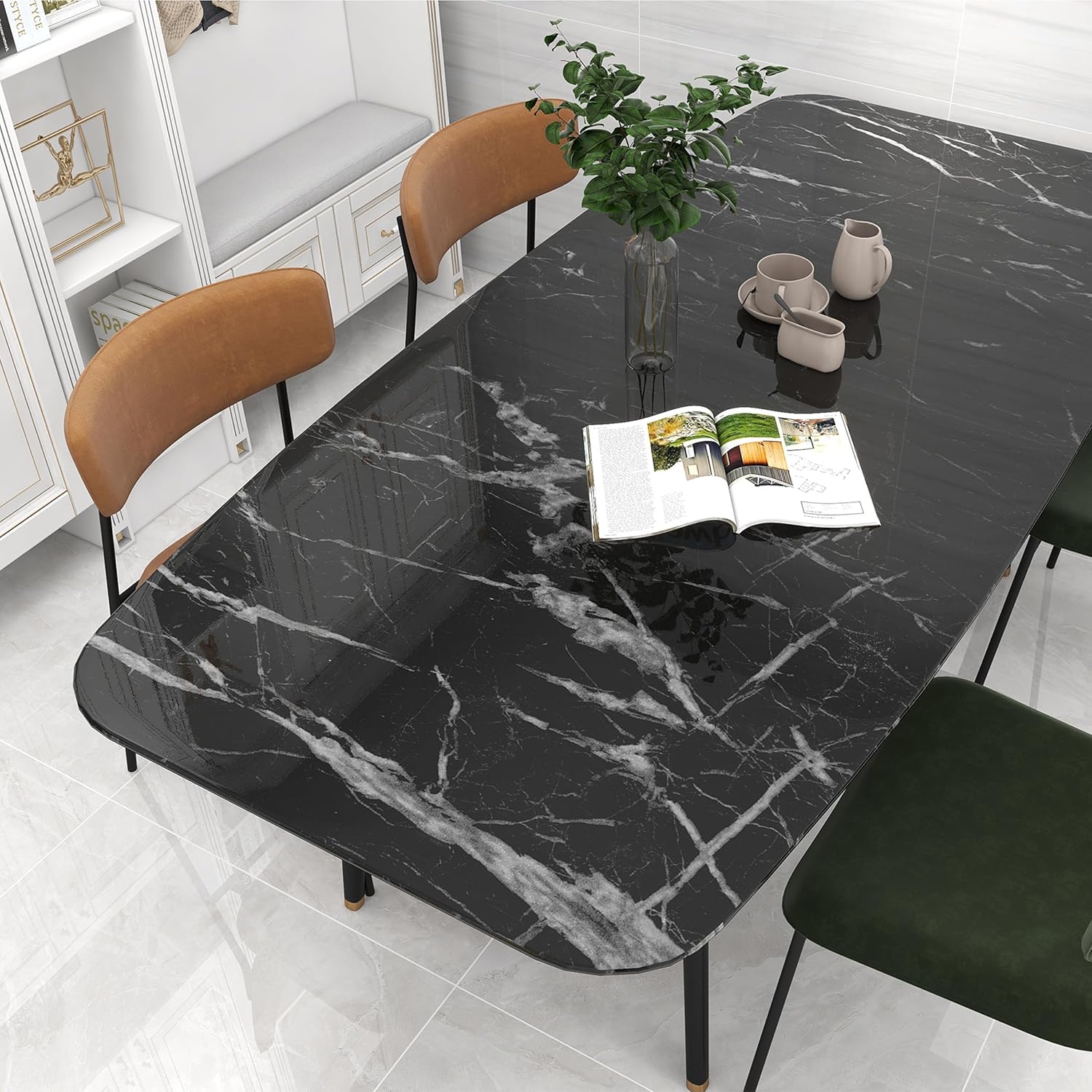 Dzhuywer Papel tapiz de mármol negro, papel adhesivo de granito negro, autoadhesivo, extraíble, impermeable, papel de pared de mármol brillante para