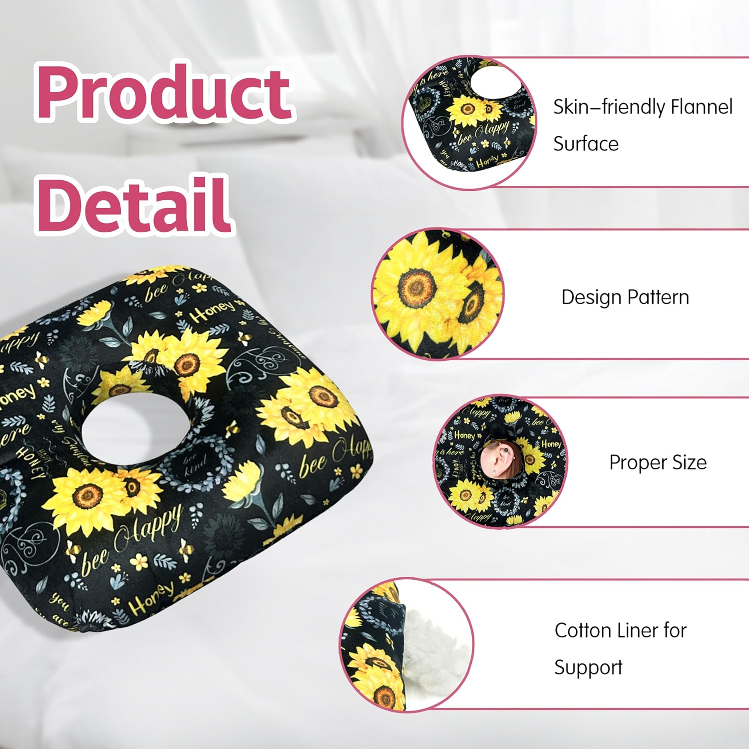 Almohada perforadora de oreja para dormir de lado, almohadas con agujeros para dolor de oído, almohada de dona para dormir del lado de la oreja para