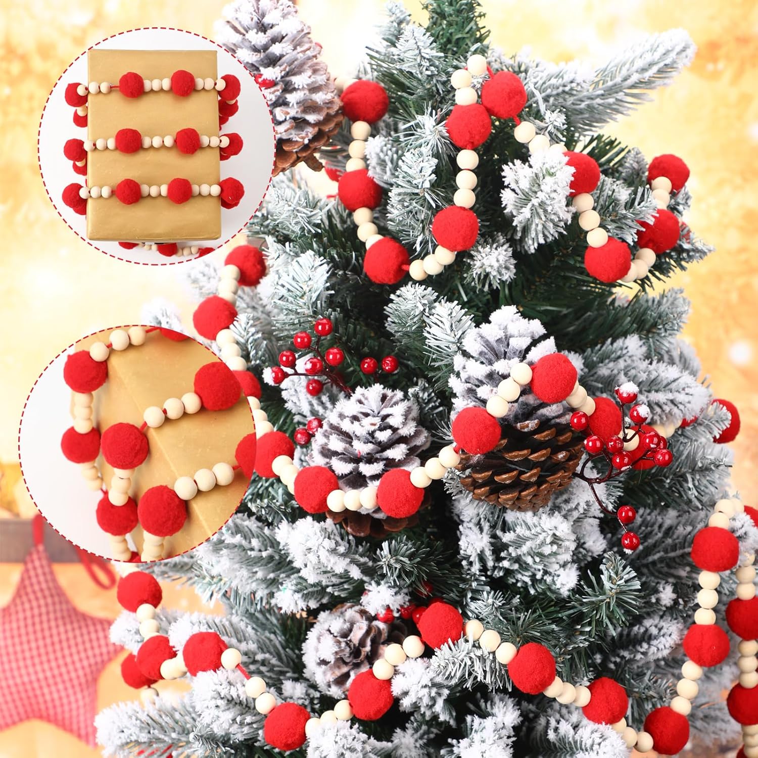 Guirnalda de bolas de fieltro de lana roja de Navidad de 144 pulgadas con cuentas de madera, guirnalda de pompones de fieltro, guirnalda de