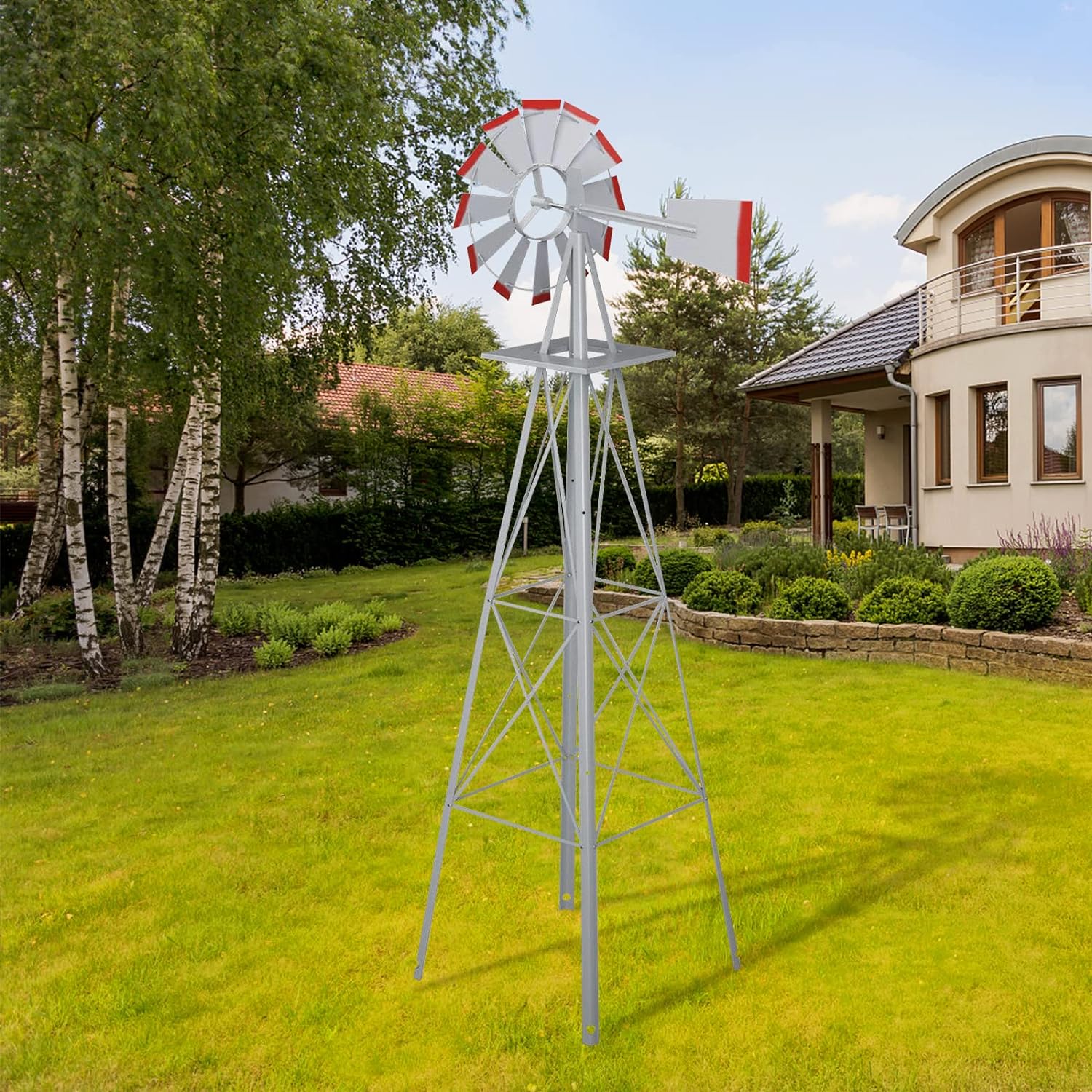 Molino de viento ornamental de 8 pies, decoración de jardín, veleta meteorológica, molino de viento de metal resistente a la intemperie, diseño de 4