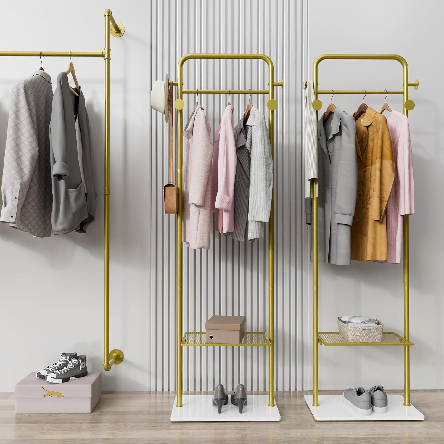 Perchero dorado con estante percheros dorados para boutiques, perchero independiente para colgar ropa – Perchero dorado – Perchero industrial dorado