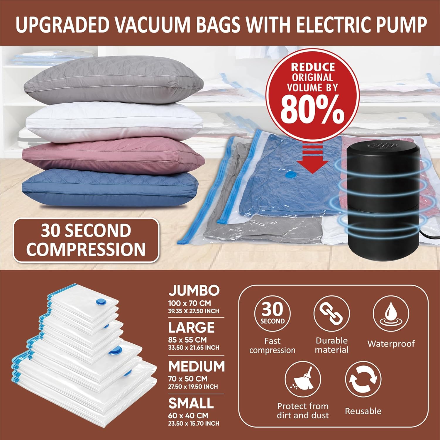 10 bolsas de almacenamiento al vacío con bomba eléctrica, bolsas de almacenamiento selladas al vacío (2Jumbo2L3M3S), bolsas de sellado al vacío
