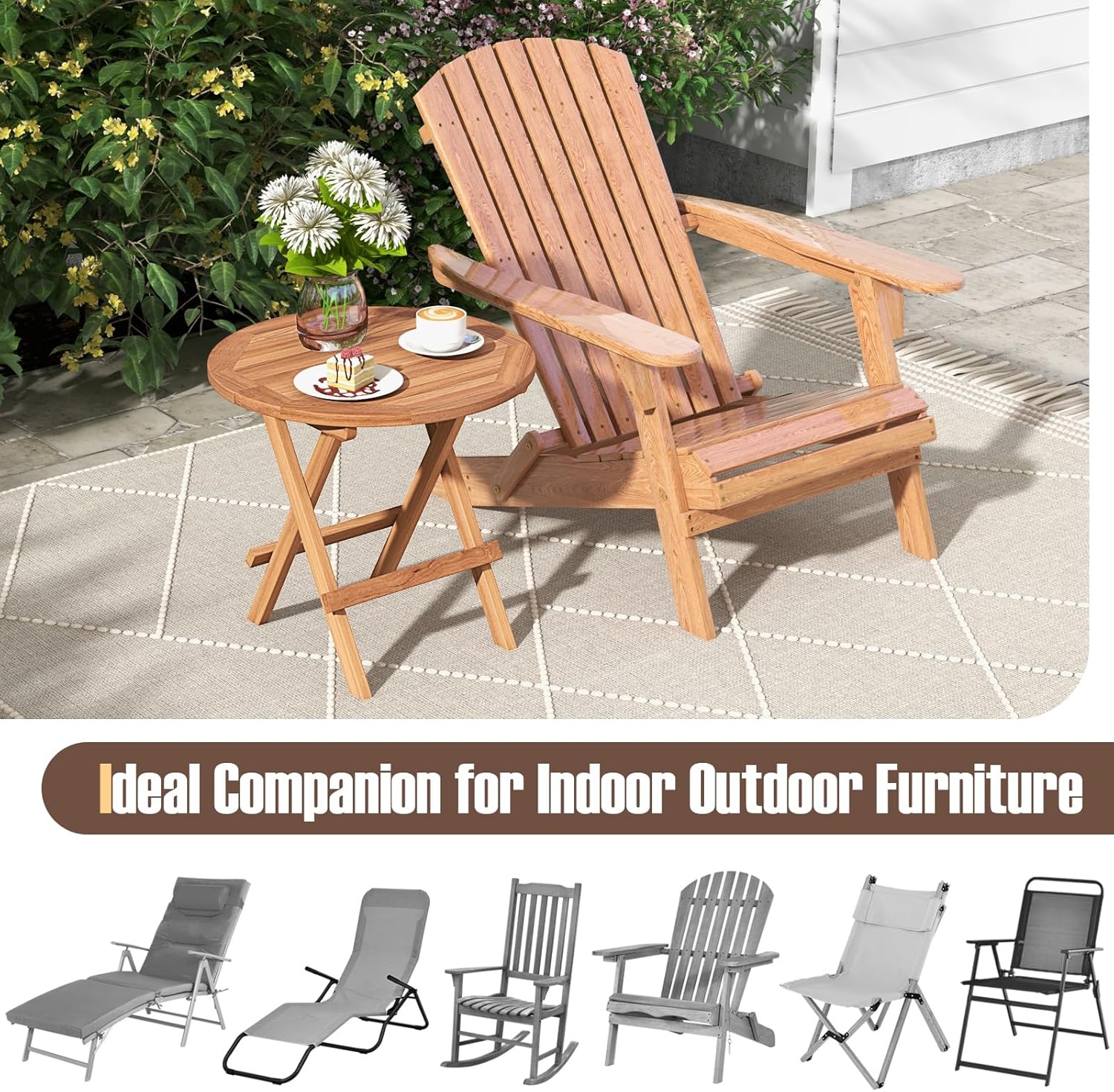 RELAX4LIFE Mesa auxiliar plegable para exteriores, mesa auxiliar de madera de teca, mesa auxiliar redonda para interiores con mesa de listones,