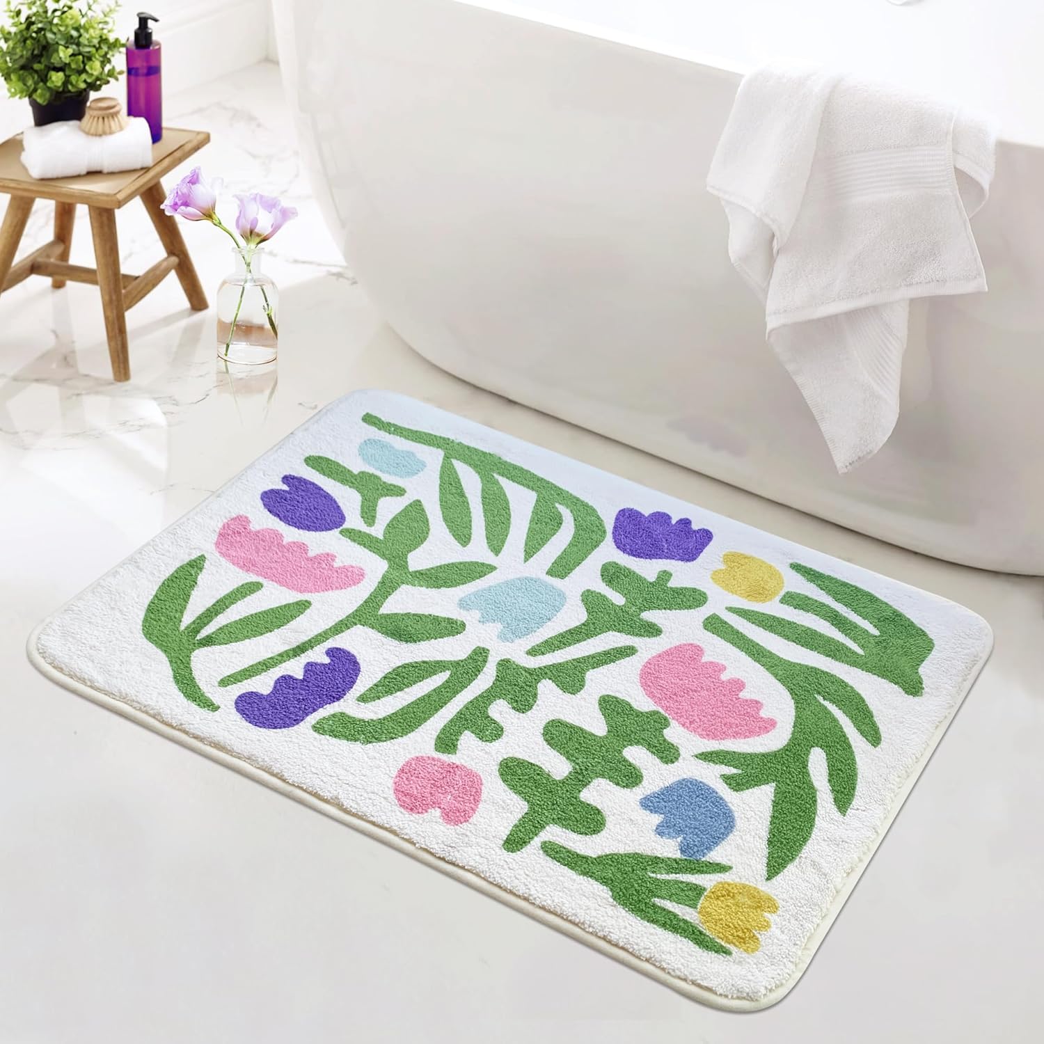 SHIYUE Alfombra de baño con diseño de flores coloridas para alfombras de baño, microfibra ultrasuave y esponjosa, absorción de agua, antideslizante,