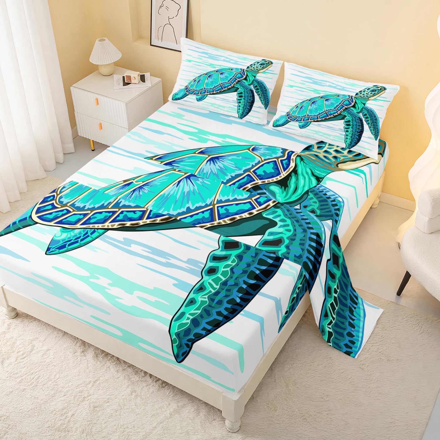 CVHOUSE Juego de sábanas bajeras de tortuga marina, tamaño matrimonial, juego de ropa de cama de tortuga para niños y niñas, 1 sábana encimera y 1