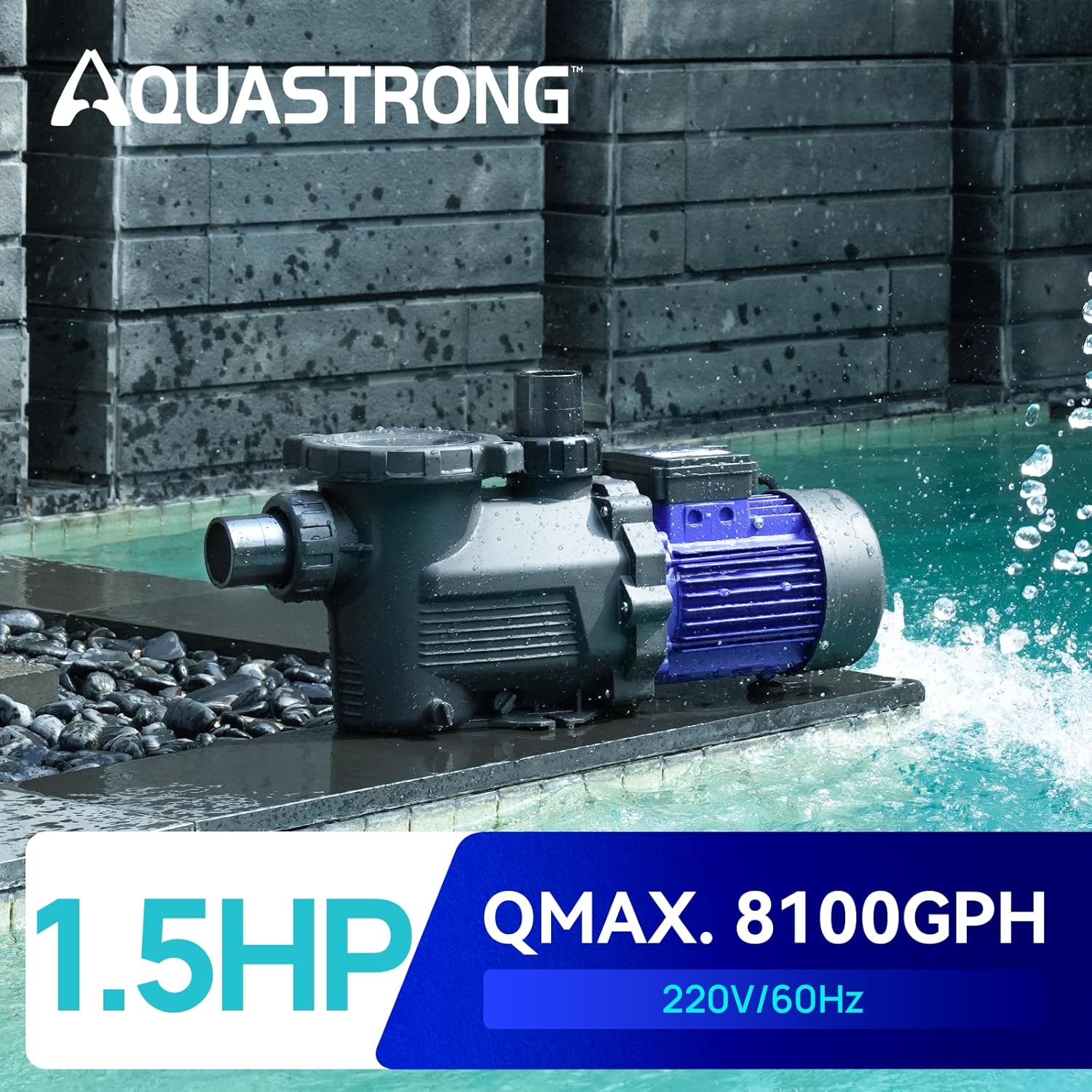 AQUASTRONG Bomba de piscina de una sola velocidad de 1.5 HP en sobre el suelo, 220 V, 8100 GPH, alto flujo, potentes bombas de piscina