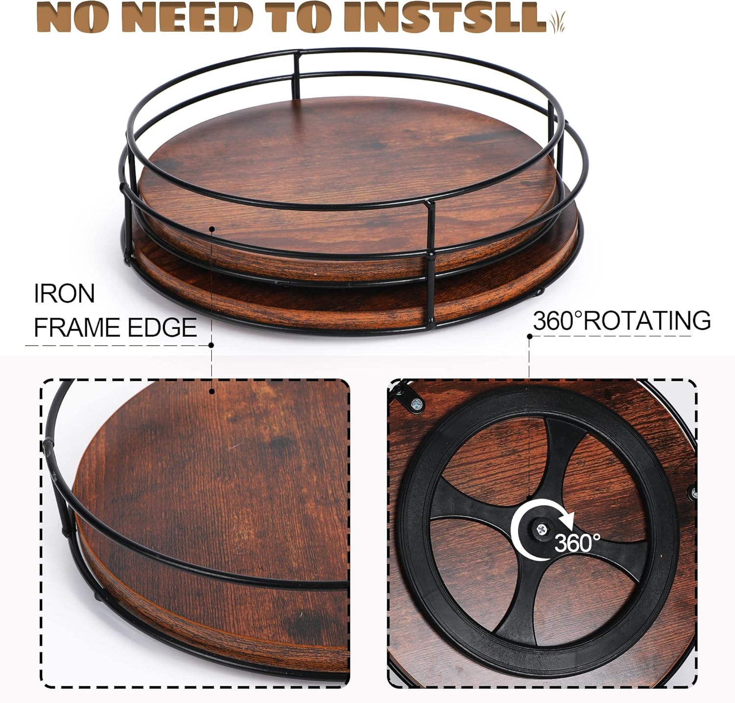 Organizadores Lazy Susan de madera de 10 pulgadas con lados de acero, tocadiscos Lazy Susan para gabinete, almacenamiento de tocadiscos de cocina