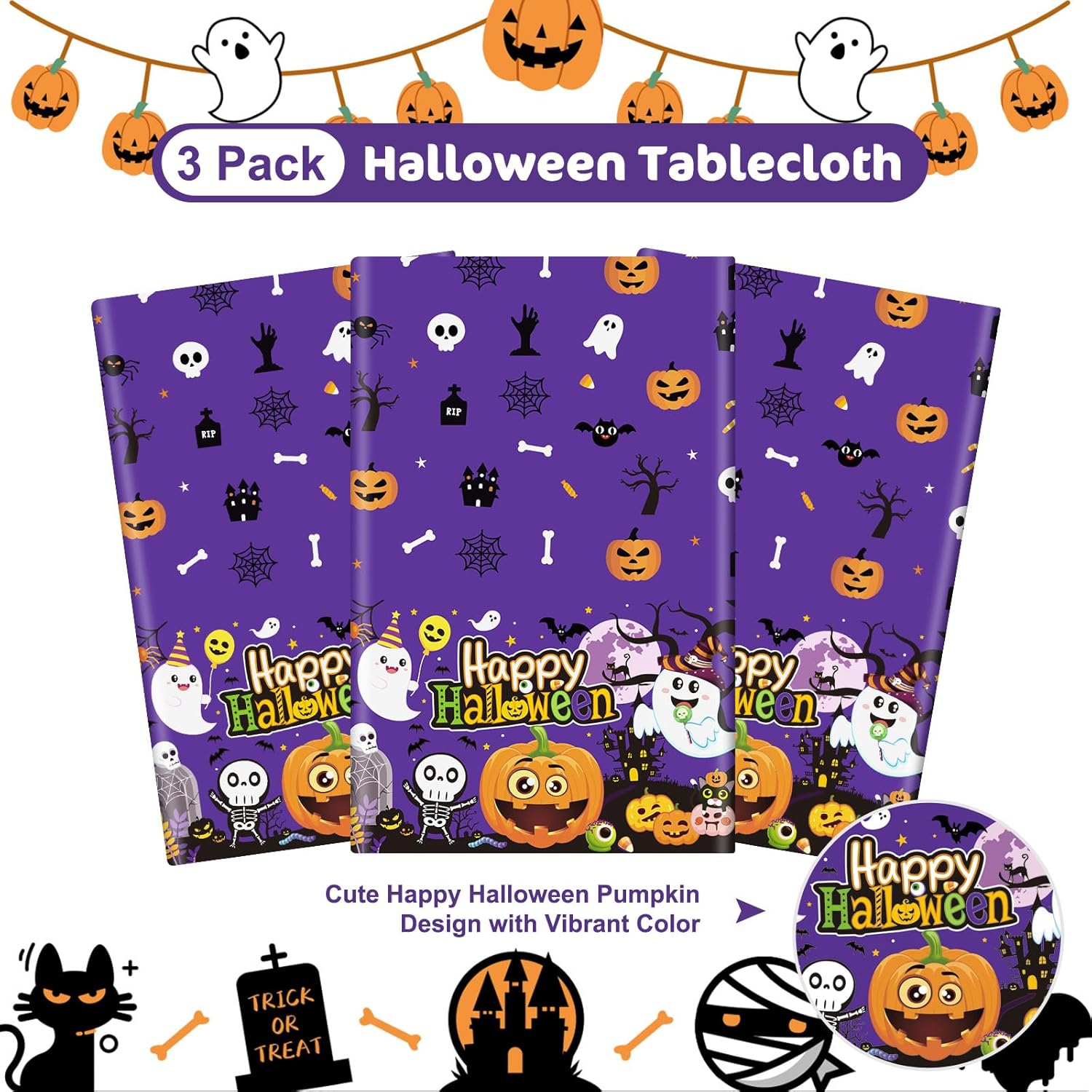 3 manteles de Halloween  Mantel de plástico con diseño de calabaza y fantasma, desechable, rectangular, color morado, para decoración de mesa de