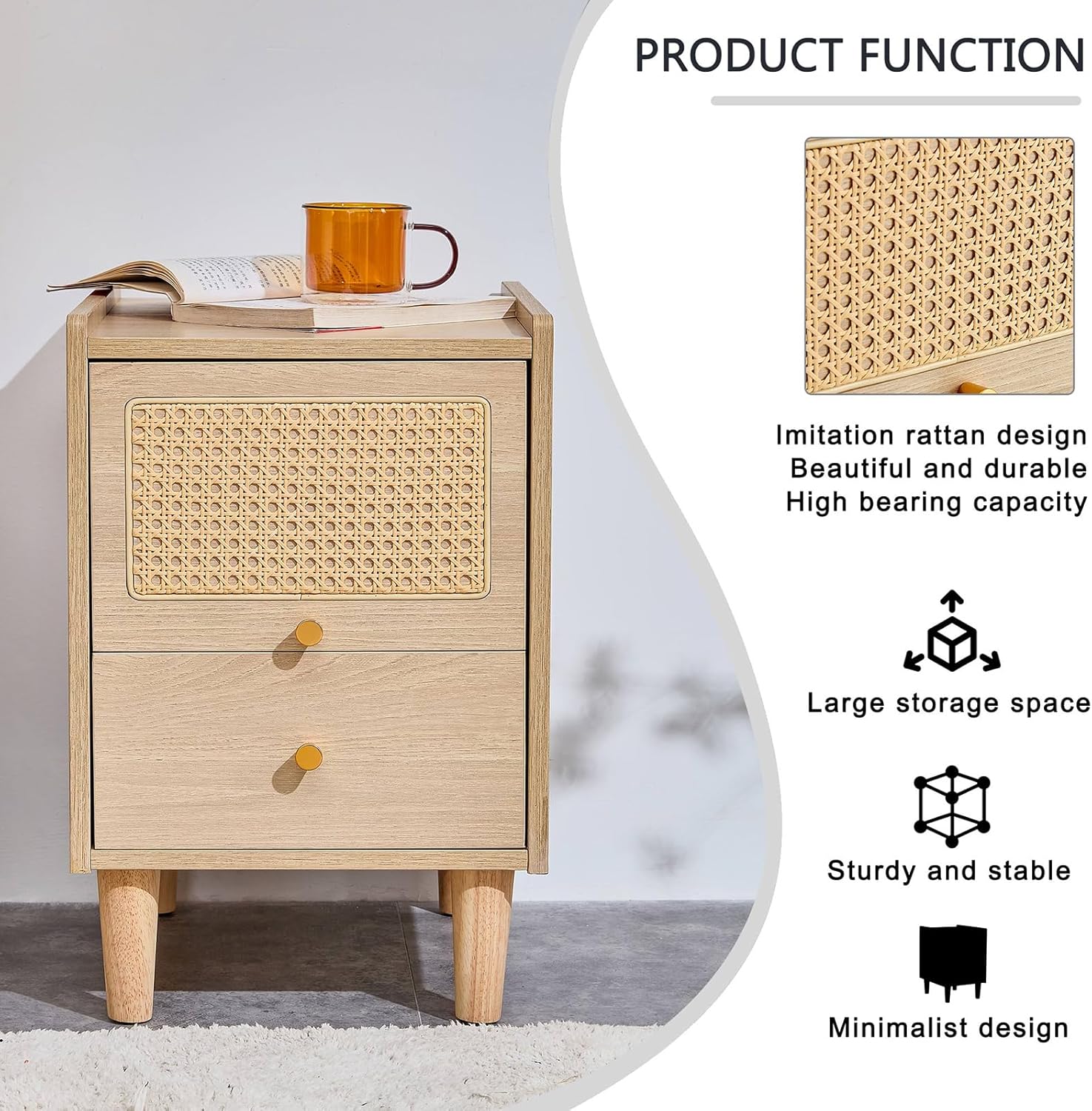 Mesita de noche de ratán con cajones de almacenamiento, muebles de noche simples y modernos, mesita de noche, mesa auxiliar para dormitorio, porche,