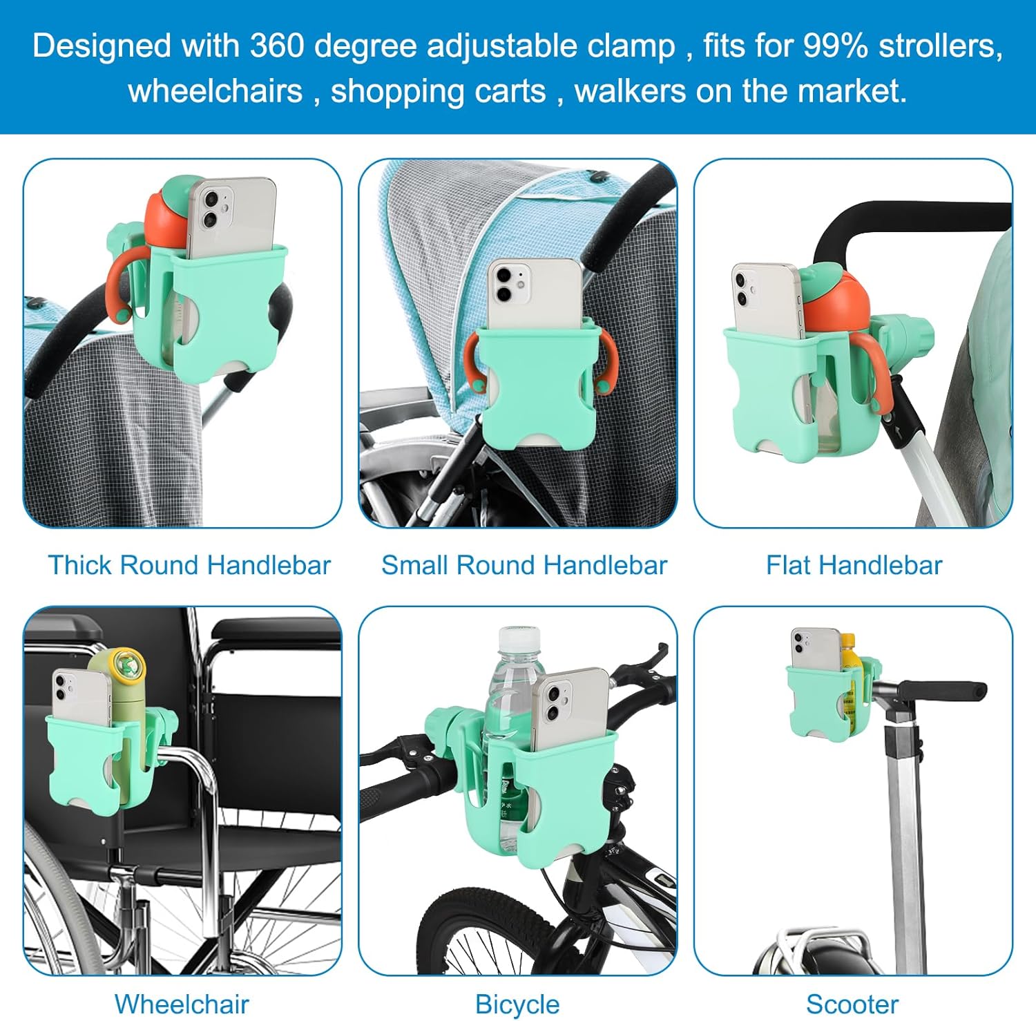 Accmor Portavasos 2 en 1 con soporte para teléfono, portavasos universal para silla de ruedas, accesorio para portavasos con ruedas, portavasos y