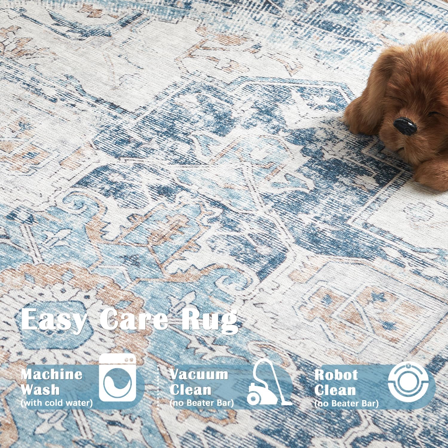 jinchan Tapete redondo de felpilla de 5 pies, lavable, vintage para interiores, con estampado azul multi, desgastado, antideslizante para cocina,