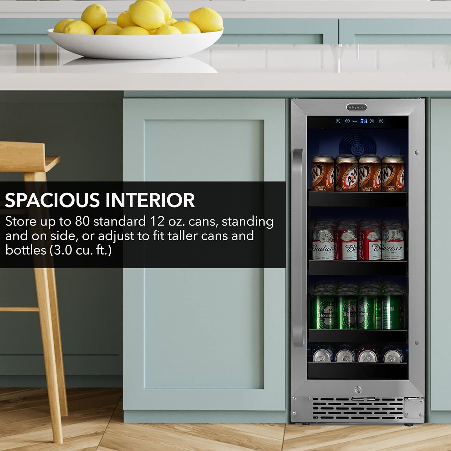 Whynter BBR-838SB Refrigerador de bebidas y refrigerador integrado de 15 pulgadas con vidrio, cerradura, puerta reversible, control digital y filtro