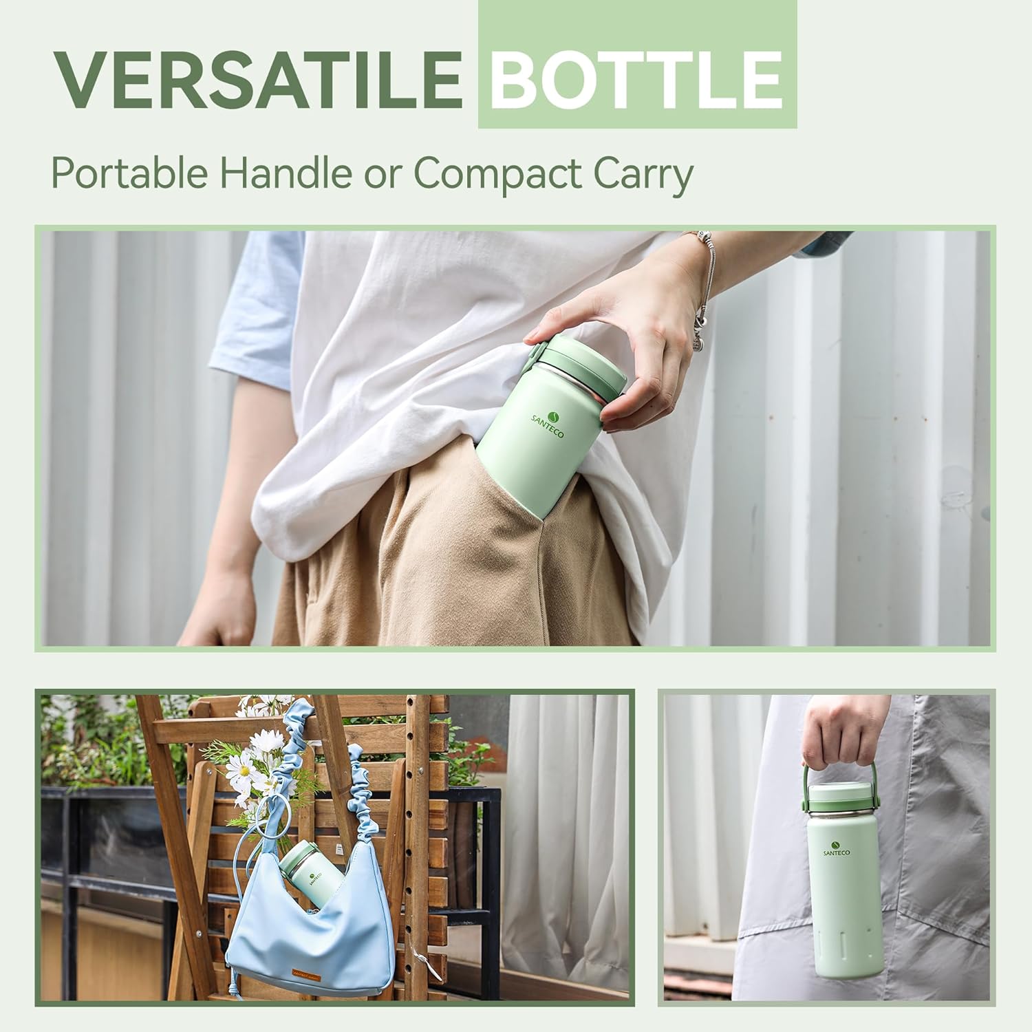 SANTECO Botella de agua de acero inoxidable de 13 onzas con asa, doble pared aislada, botella de agua con personalidad elegante, boca ancha, diseño