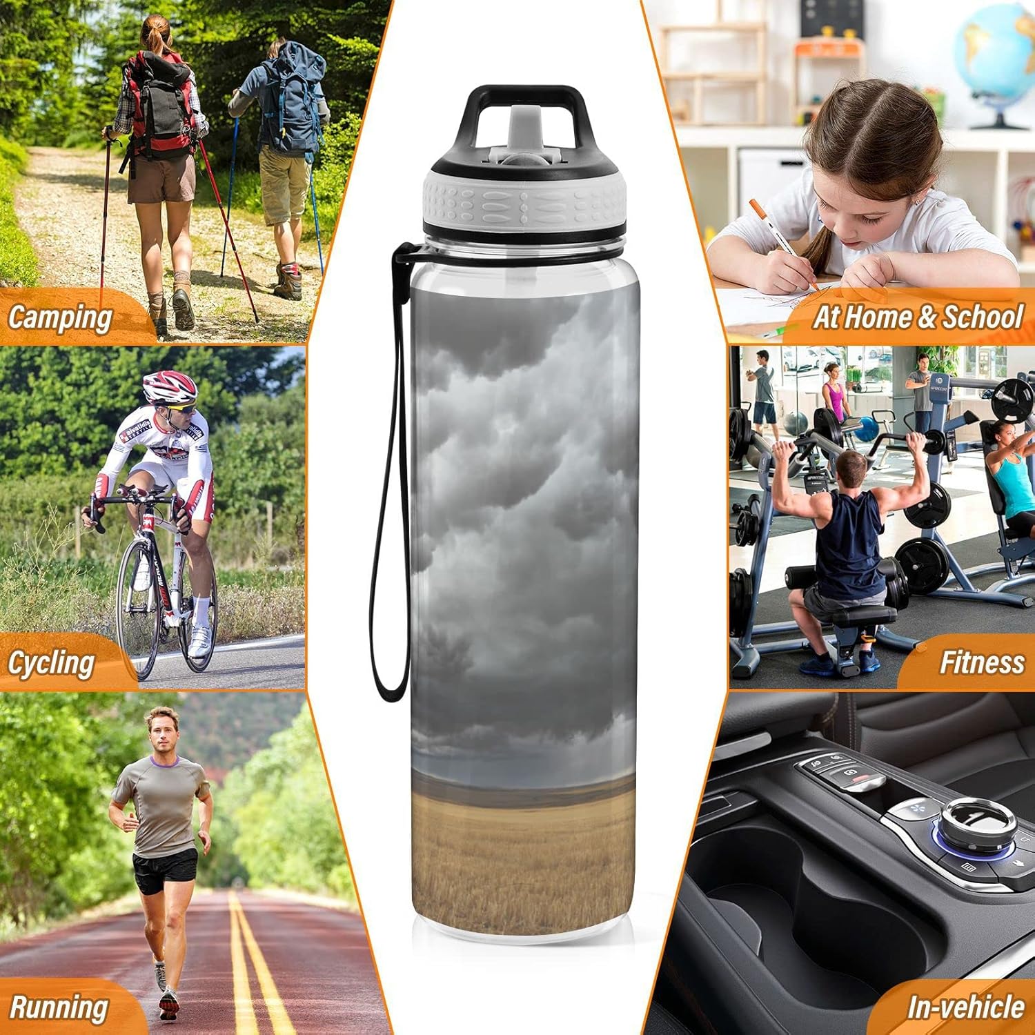Thunderstorm Tornado over The Field – Botella de agua deportiva con pajilla, 32 onzas, a prueba de fugas y sin BPA, botellas de agua reutilizables
