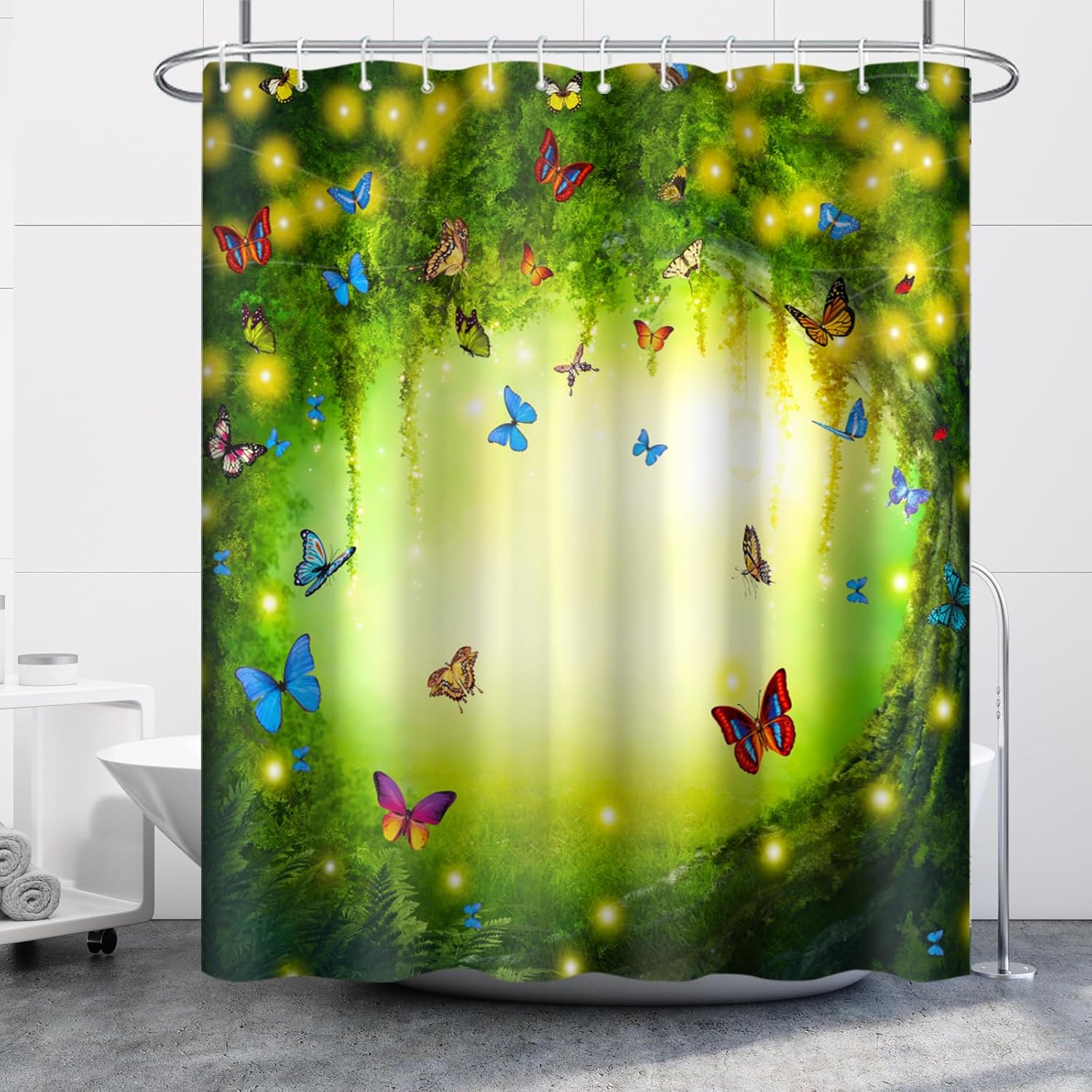 Uiiooazy Cortina de ducha de primavera para baño, diseño de mariposas azules, sol, juego de cortina de tela impermeable para bañera, hojas de árbol