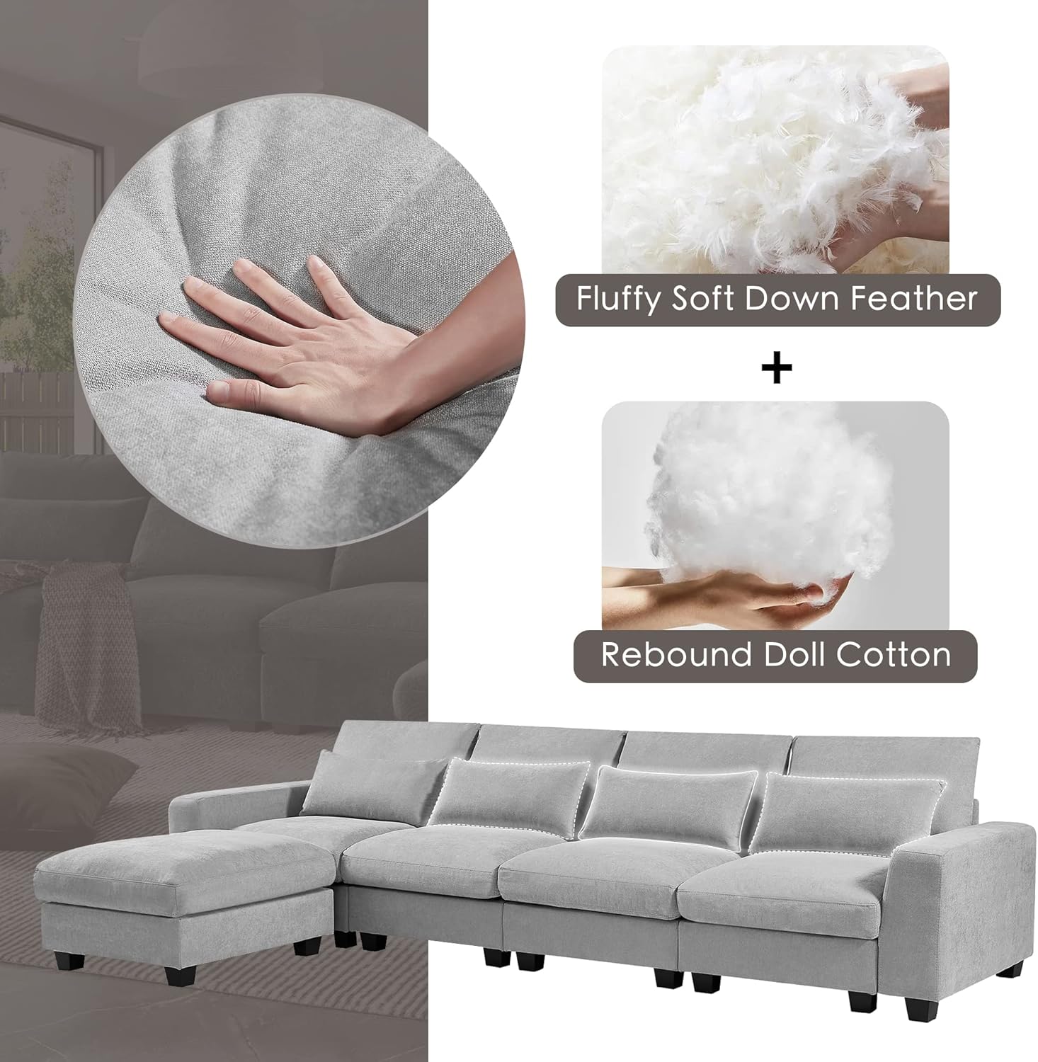 Sofá modular tapizado con 4 almohadas de cintura para el hogar, oficina, apartamento, sala de estar, sofá esquinero en forma de L y sofá movible