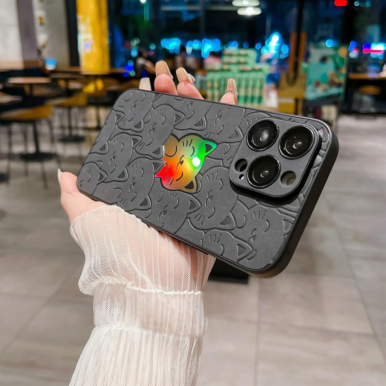 Funda compatible con iPhone 15 Pro, lindo patrón de gato láser para mujeres y hombres, protección completa de la lente de la cámara, parte trasera