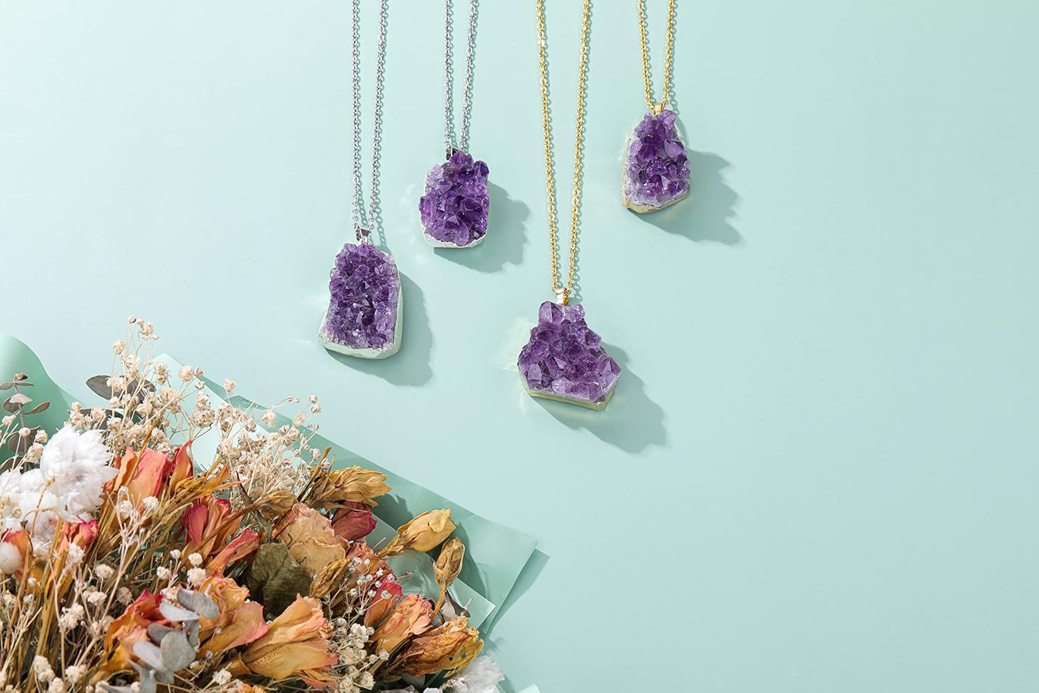 Jovivi Collar de cristal de amatista natural para mujeres y hombres, collar con colgante de piedra de cuarzo de amatista áspera irregular para