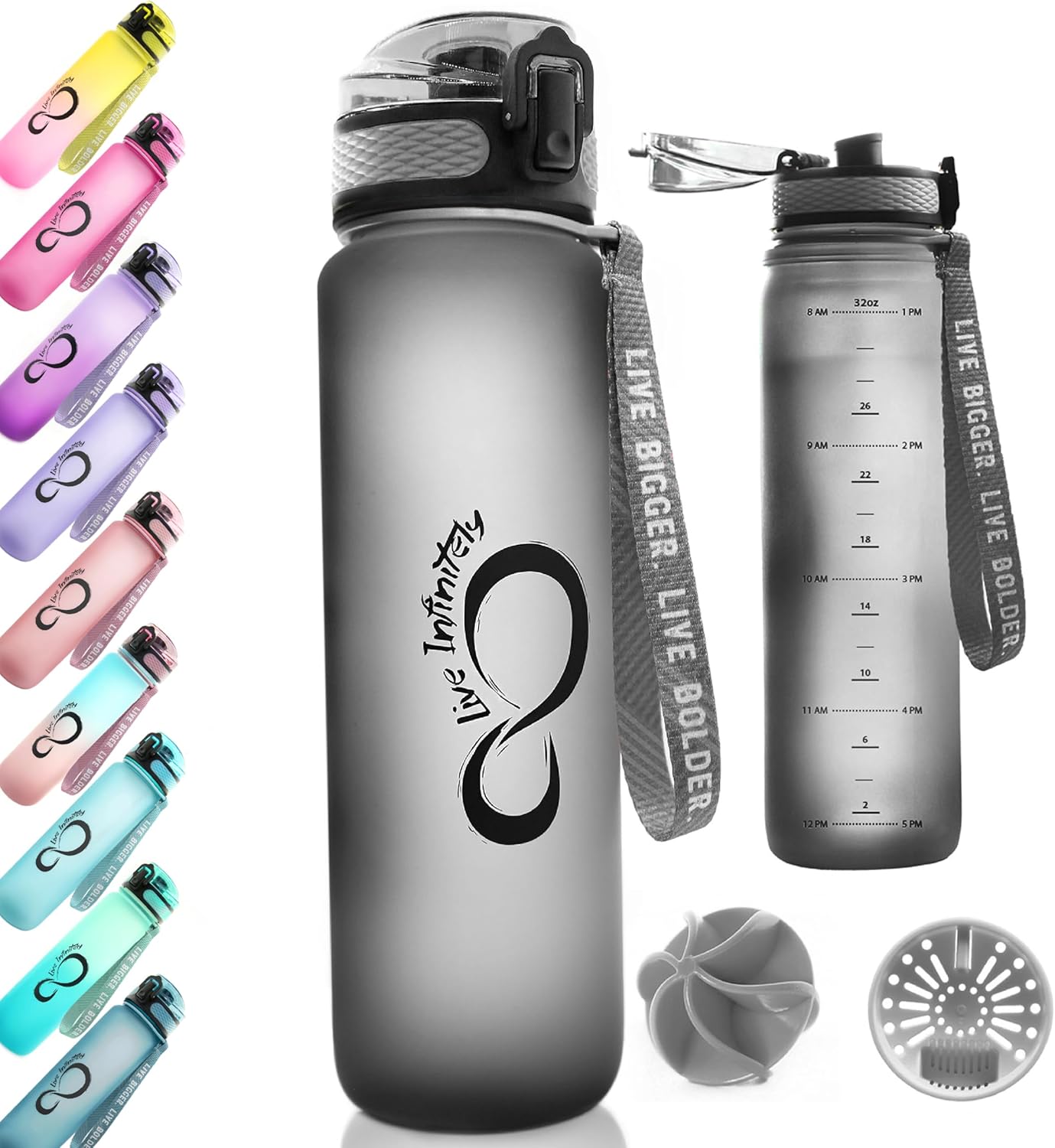 Live Infinitely – Botella de agua de 34 onzas sin BPA con marcador de tiempo, filtro de infusión de frutas y bola agitadora de mezcla, tapa con