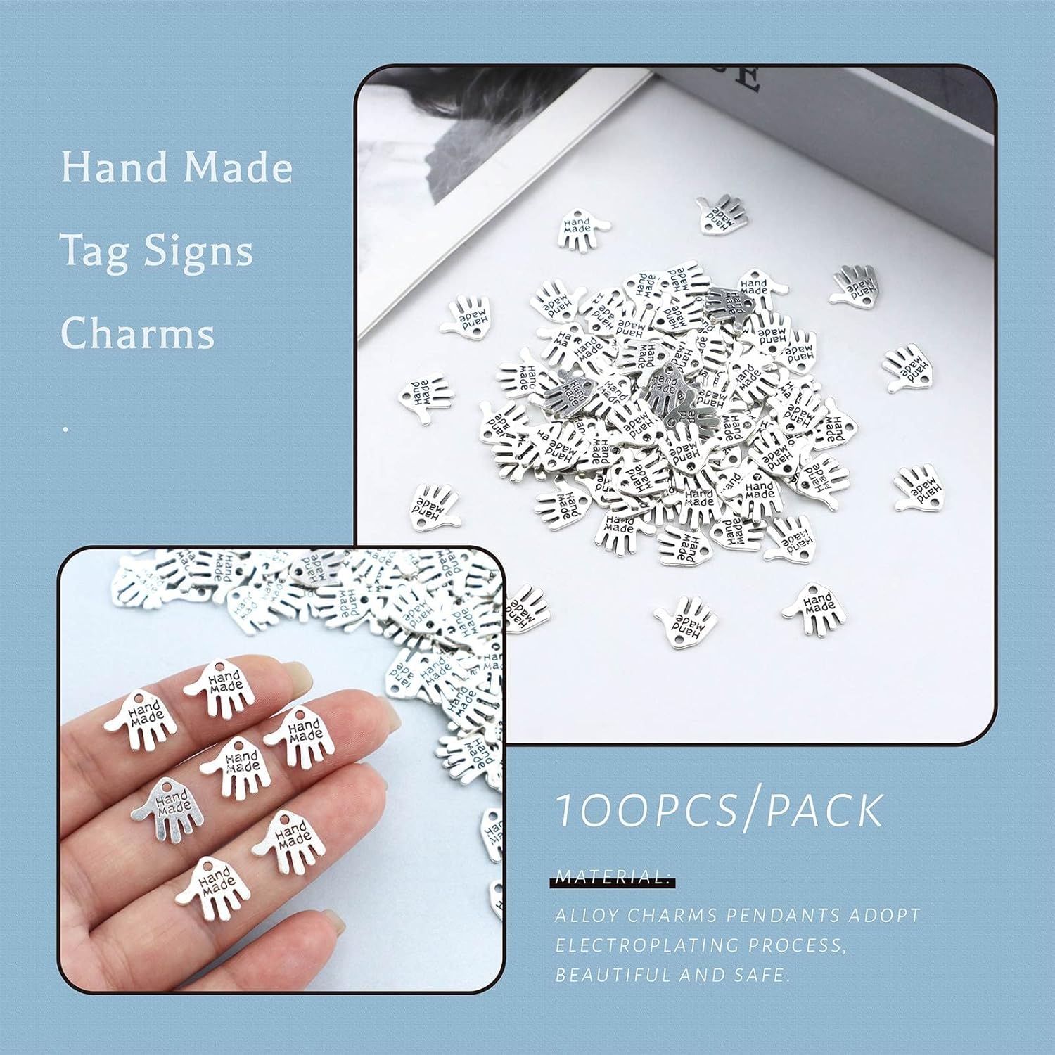 JIALEEY 100 dijes en forma de mano hechos a mano, letreros tallados en tono plateado para hacer joyas de moda, hallazgos, manualidades, costura,
