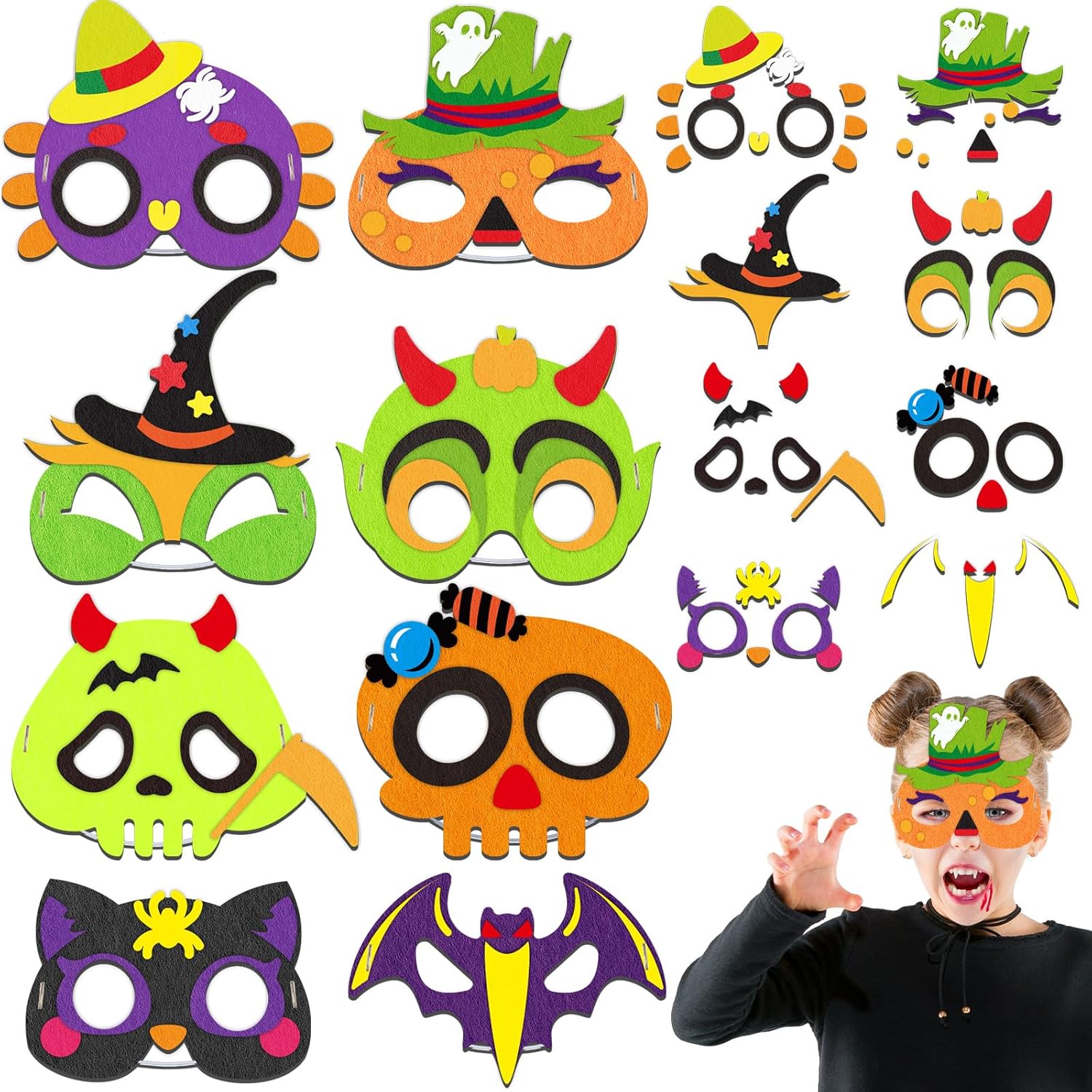 Qyeahkj Paquete de 16 máscaras de fieltro de monstruo de Halloween para niños, manualidades de espuma de monstruo para niños de 3 a 5, 4 a 8, 8 a 10