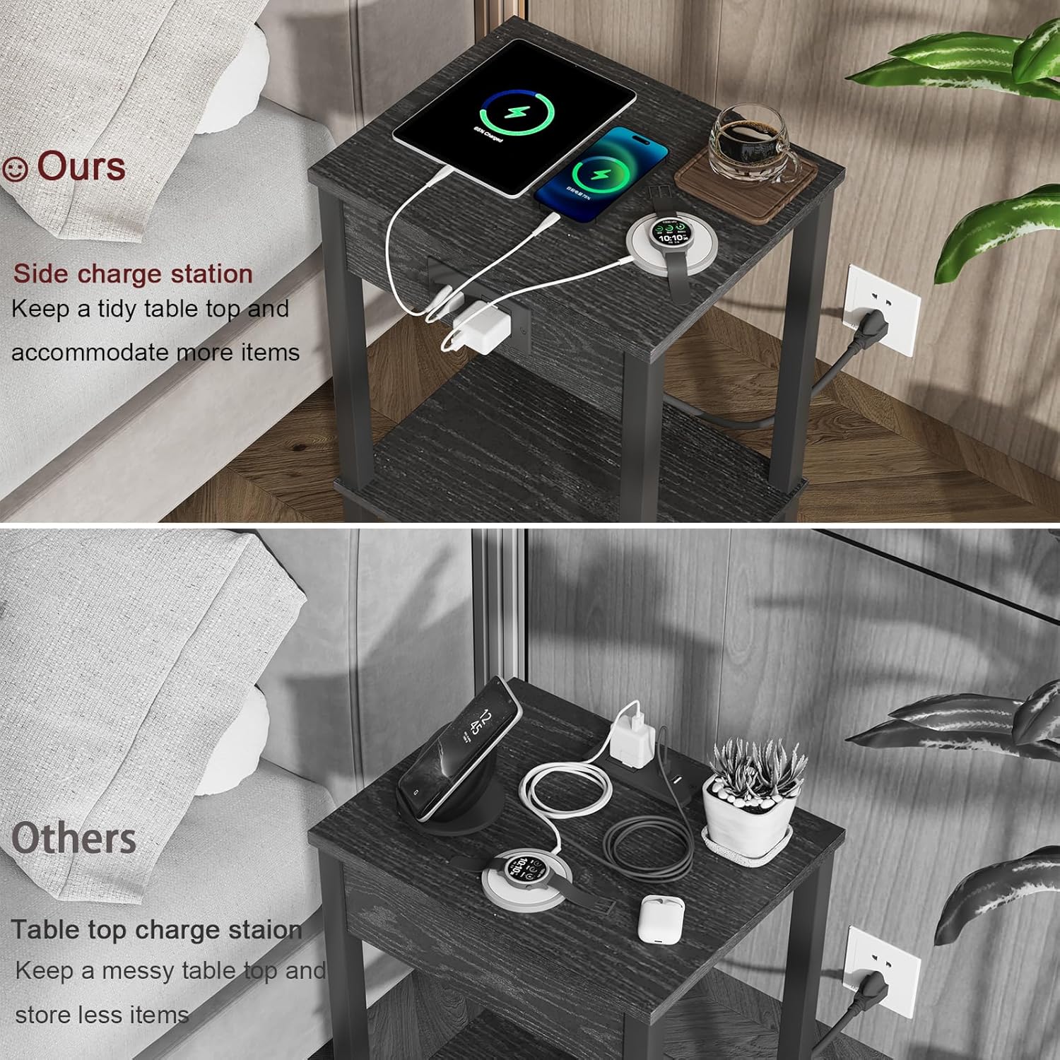 VIMBER Juego de 2 mesas auxiliares con estación de carga, mesa auxiliar estrecha con puertos USB y tomacorrientes, mesitas de noche con estantes de