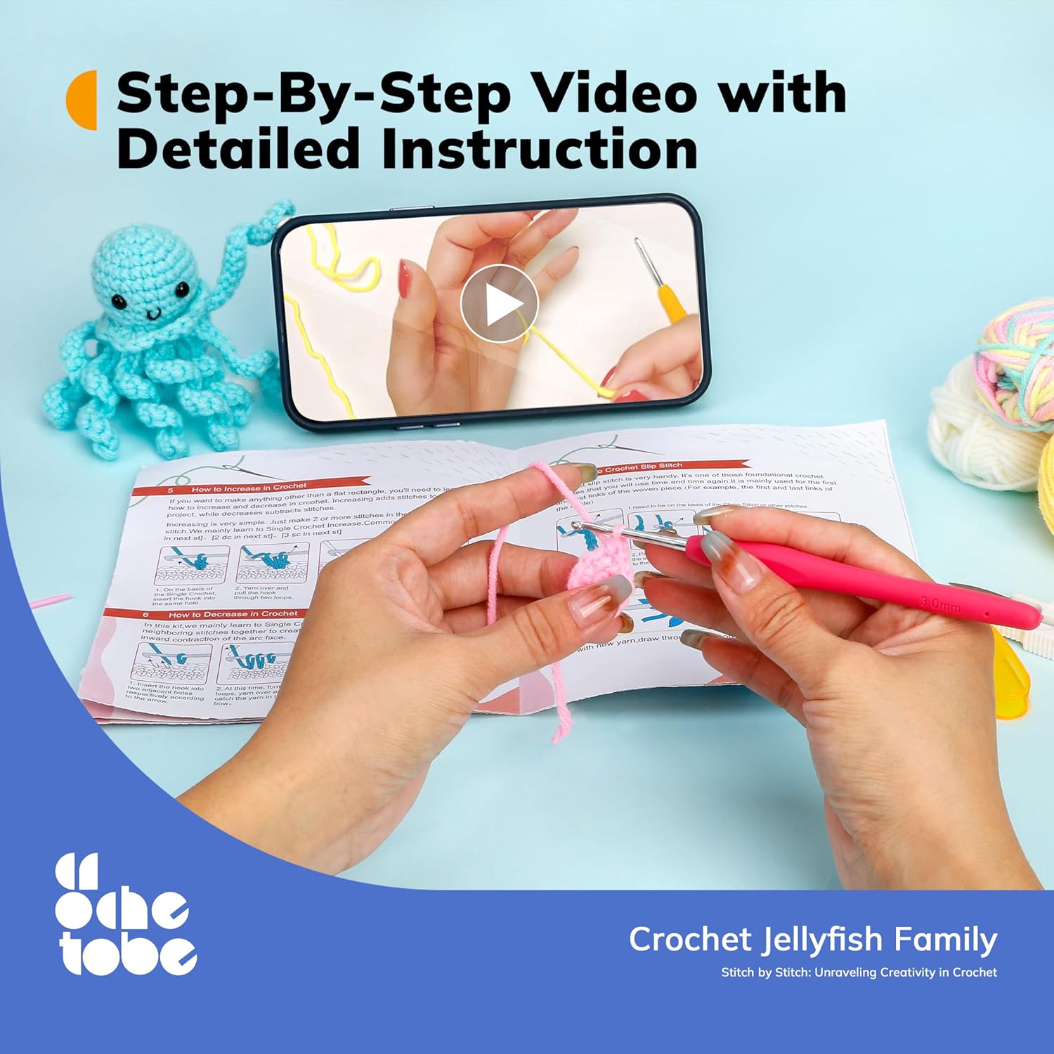 Crochetobe Kit de ganchillo para principiantes, el kit de inicio de ganchillo incluye instrucciones fáciles de seguir y tutoriales en video, kit