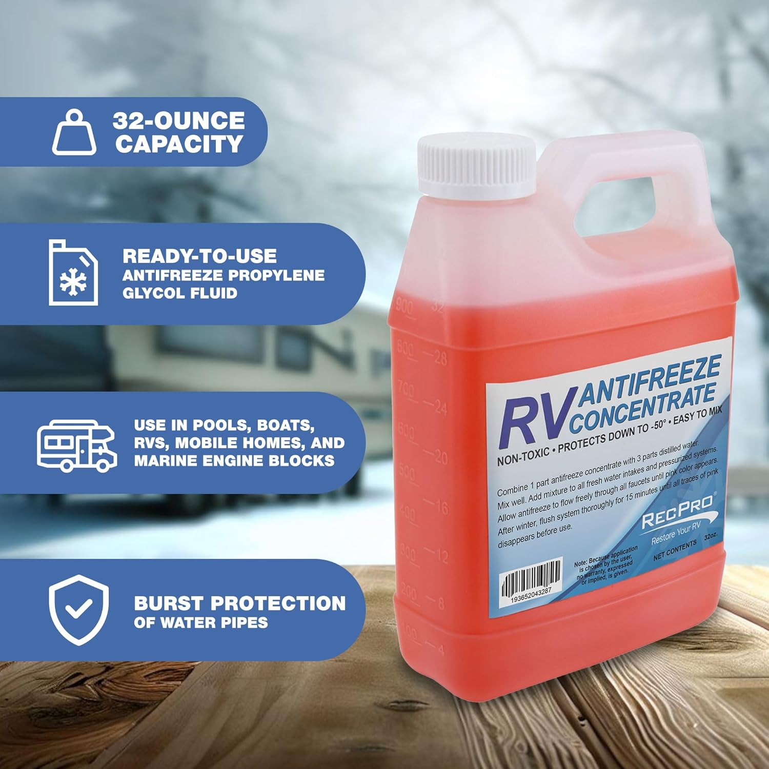 RecPro 32 onzas -50 grados Fahrenheit Protección RV Anticongelante Concentrado Líquido Mezclador para Invernación Vehículos Recreativos (Paquete de