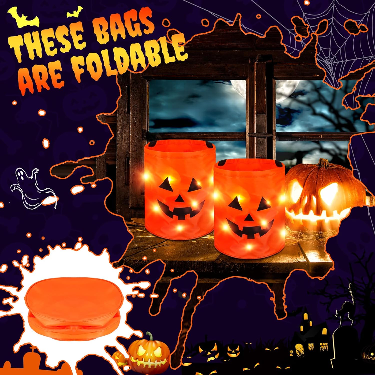 Bolsas de Halloween con luz LED para trucos o tratos, cubo de calabaza iluminada, bolsa de dulces de Halloween con cara de calabaza sonrisa, cubo de