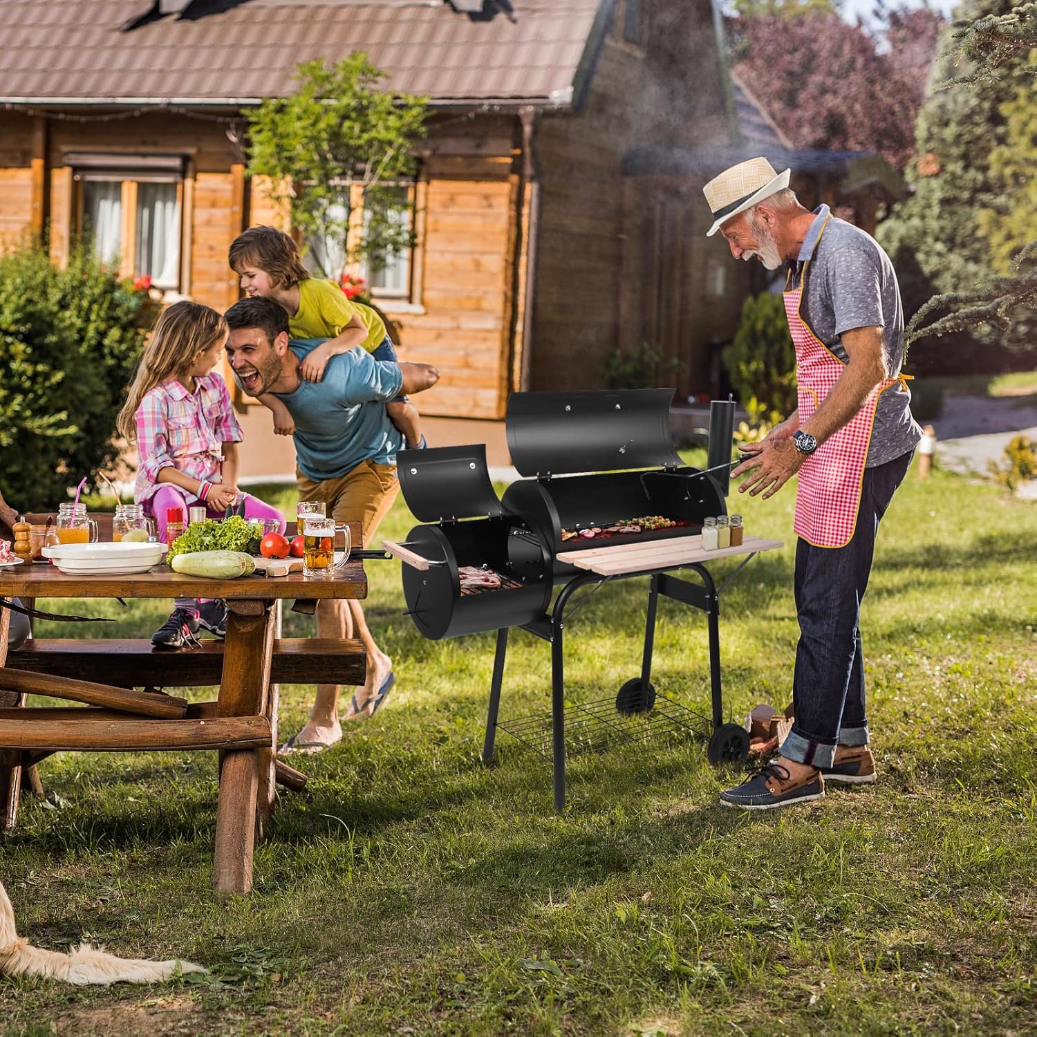 Outvita Parrilla de carbón para barbacoa, cocina de barbacoa para patio al aire libre con ahumador desplazado, ruedas y bandeja para balcón,