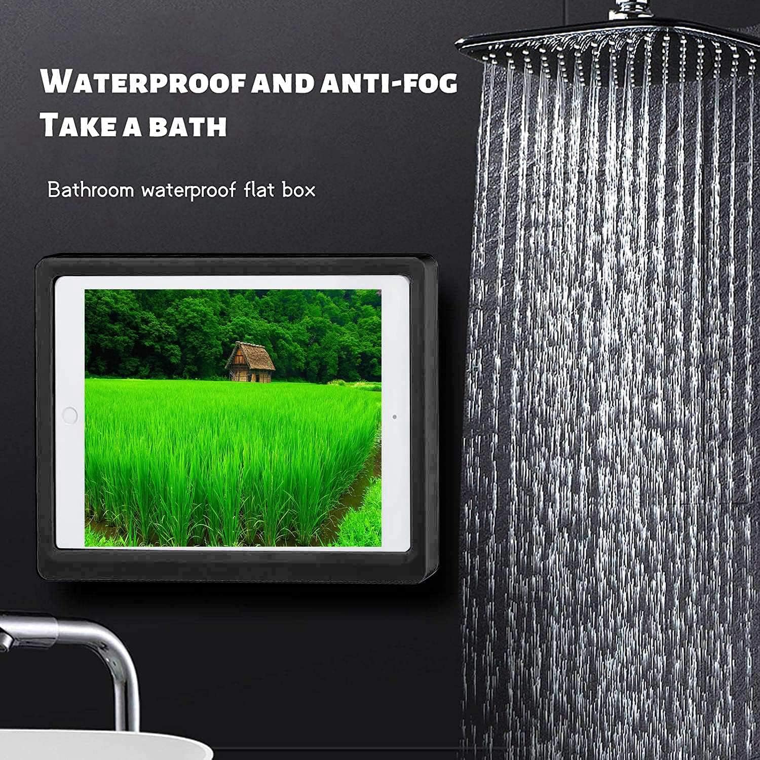 Soporte para iPad de ducha, impermeable, para montaje en pared, estante de montaje para tableta de baño, soporte adhesivo táctil con espejo de
