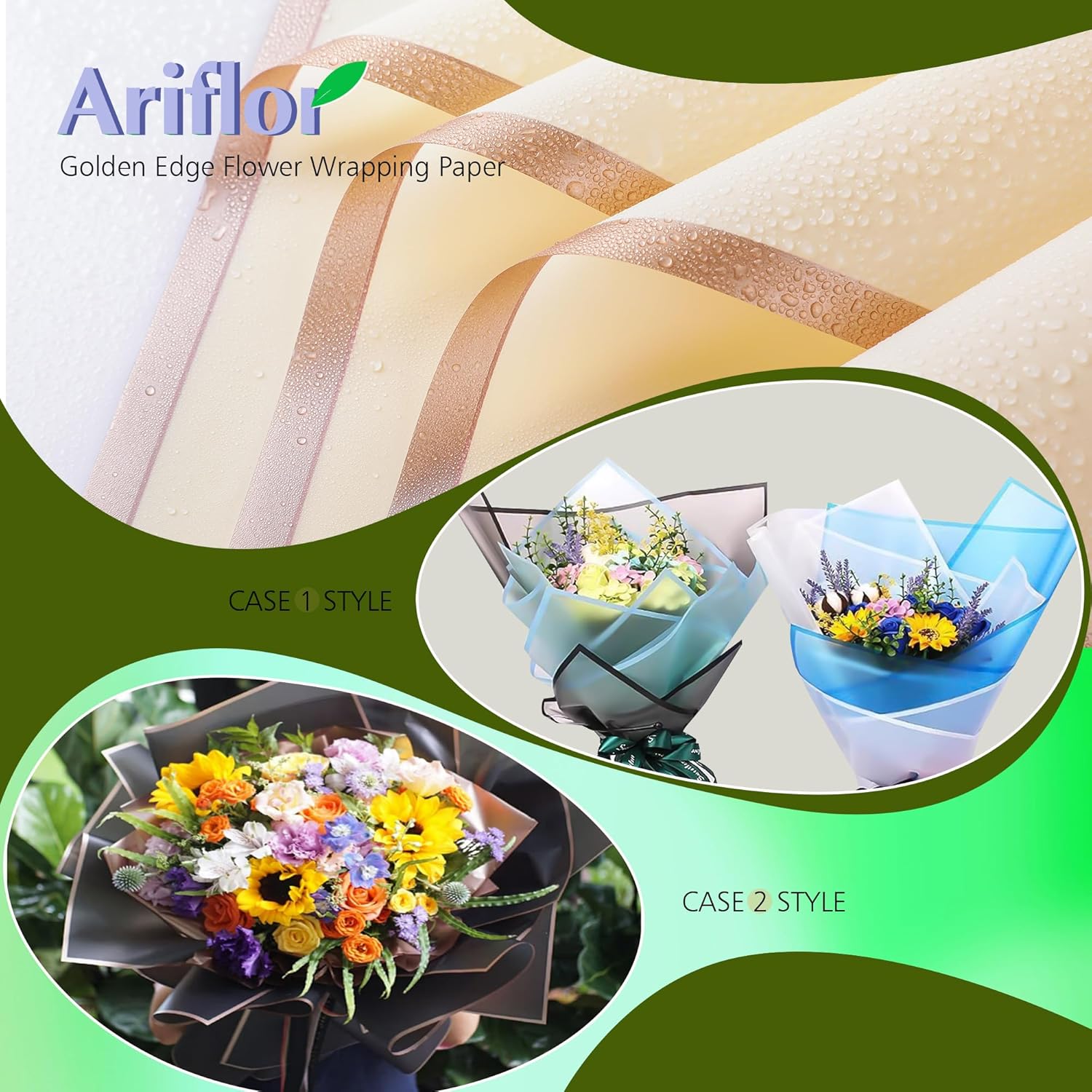 ARIFLOR 20 hojas de papel de ramo de flores impermeables con borde dorado, 20408, papel de regalo de Navidad, embalaje de regalo, manualidades de