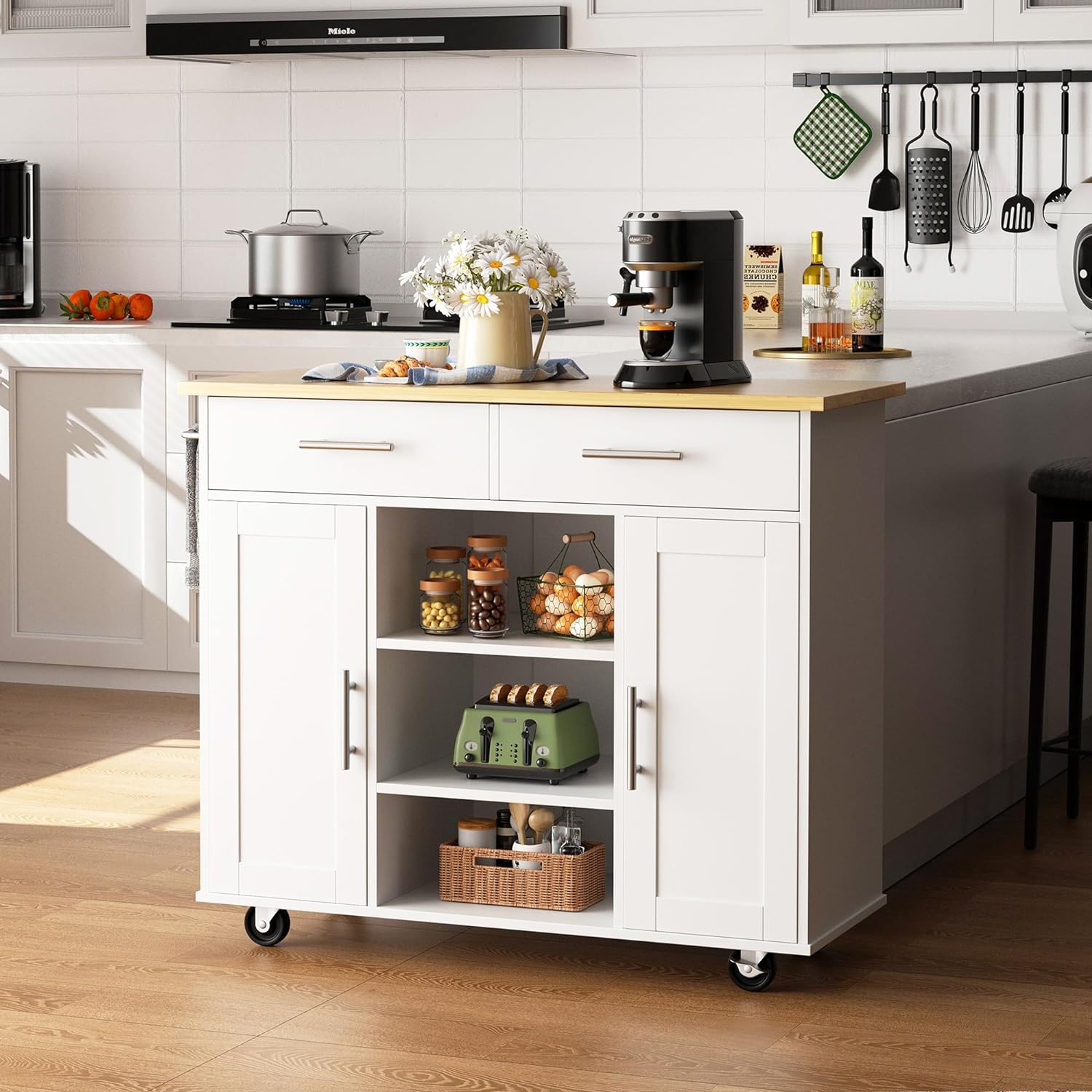 Shintenchi Carrito de isla de almacenamiento de cocina con 3 estantes abiertos, 2 cajones y 2 gabinetes, carrito de cocina con ruedas con