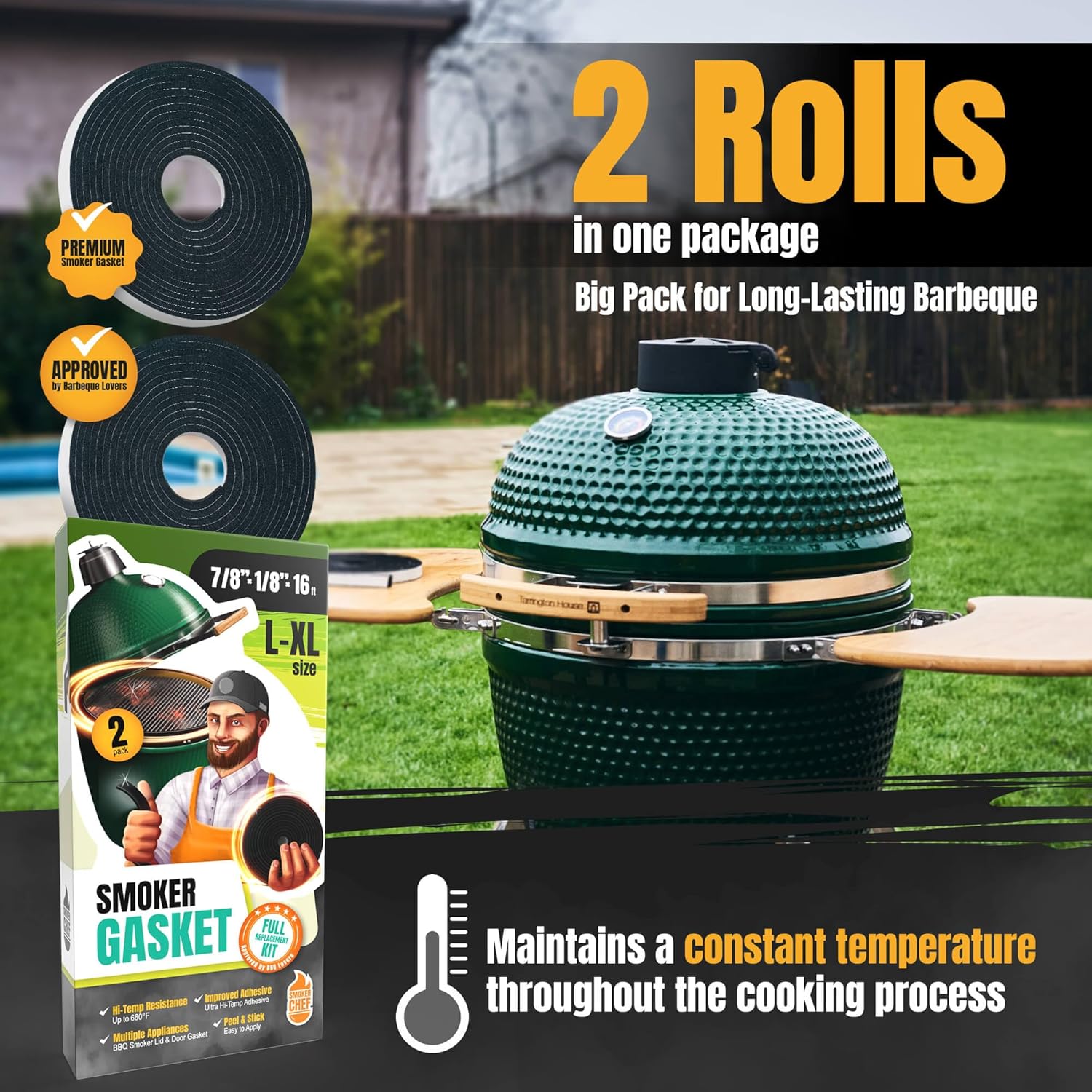 Junta apta para Big Green Egg LXLXXL  Paquete de 2 sellos de repuesto de junta de ahumador de 8 pies  Junta BGE 78″ x 18″ Fieltro – Compatible con