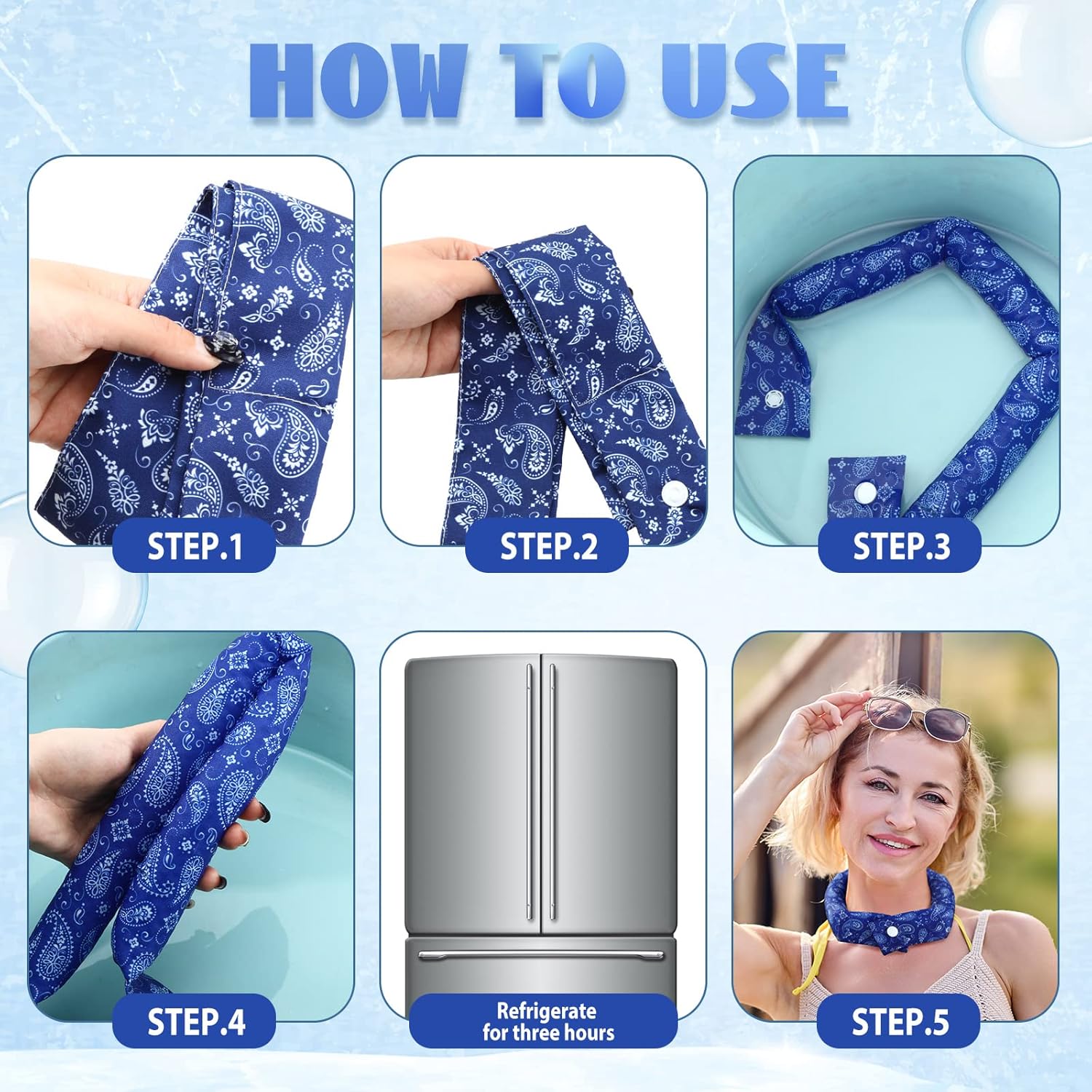 6 unidades de envoltura refrescante para el cuello, bandana refrescante con botón para el cuello, bufanda fría de hielo para mujeres, verano