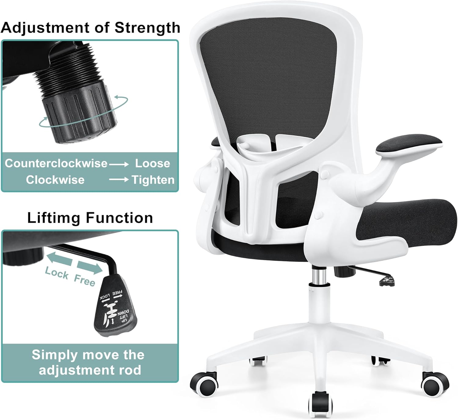 Silla de oficina ergonómica, silla de escritorio de soporte lumbar con reposabrazos abatibles y silla de oficina giratoria de altura ajustable