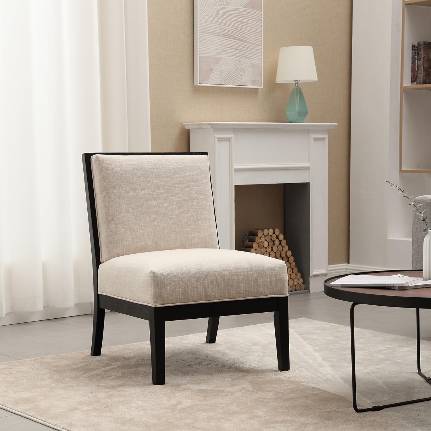 Comfy Accent – Silla de lectura, tapizada de lino con patas de madera negra, silla auxiliar pequeña para sala de estar, dormitorio y sala de