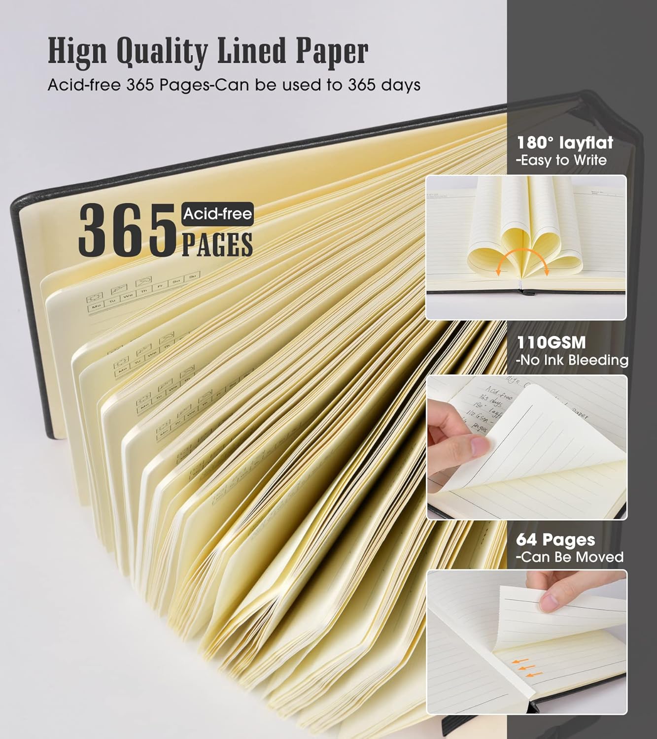 Cuaderno rayado, 365 páginas B5, diarios grandes para escribir cuaderno a rayas, diario de cuero de tapa dura para mujeres y hombres, cuaderno