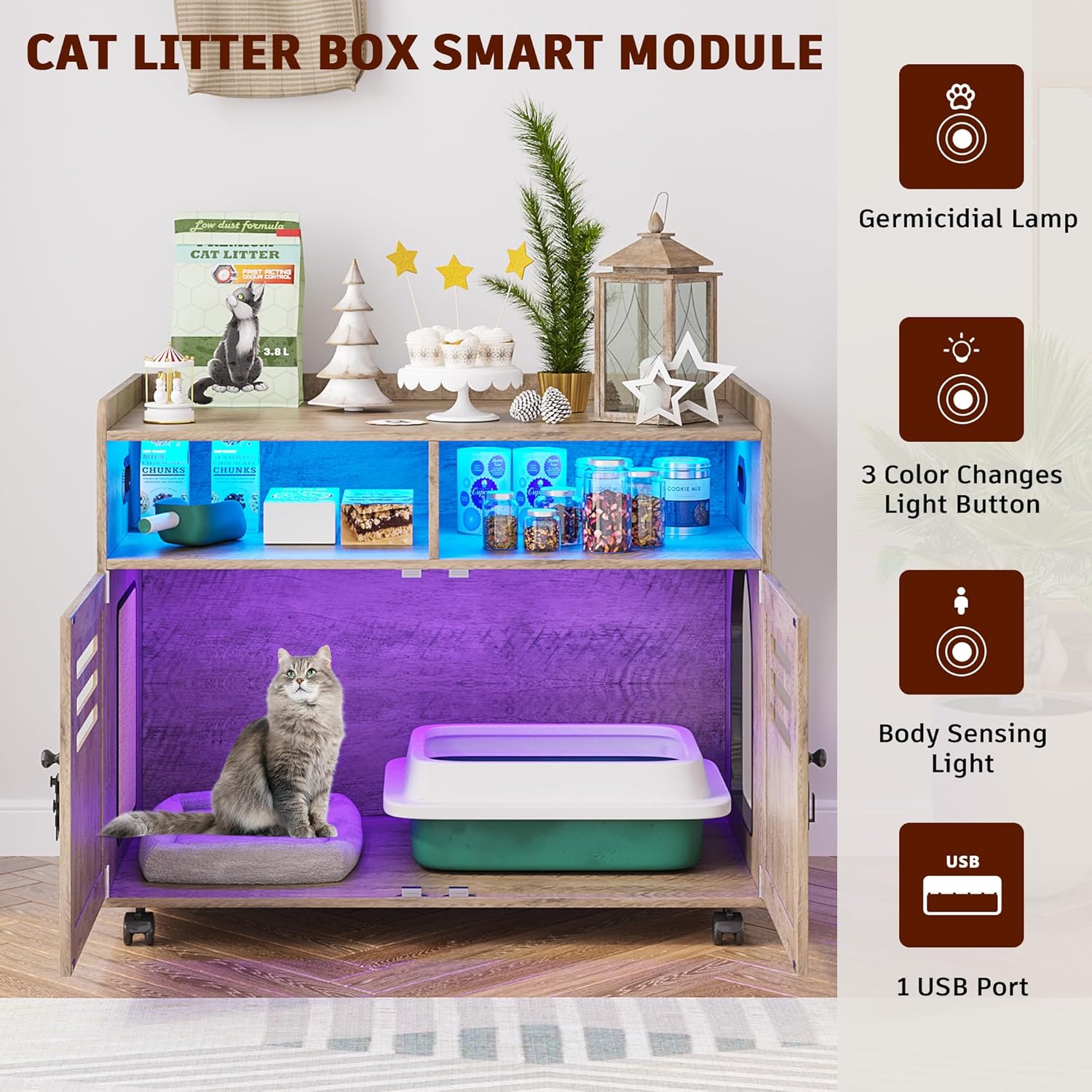 FOMNEY Caja de arena para gatos, mueble oculto con cuerpo humano, 3 luces LED de color, jaula para gatos con 2 cajones abiertos y 1 puerto USB, casa