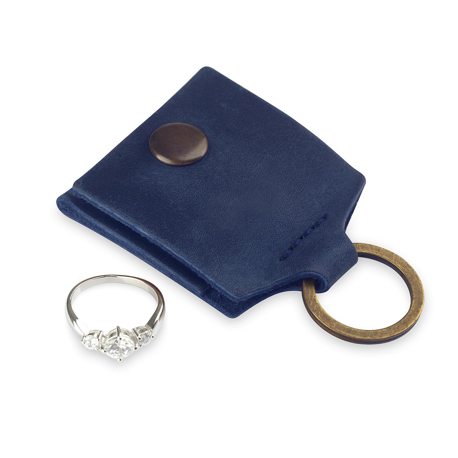 Leather Keychain Ring Holder, Wedding Ring Travel Case, Engagement Ring Holder, Ring Pouch, Workout and Gym Ring Holder (Blue)